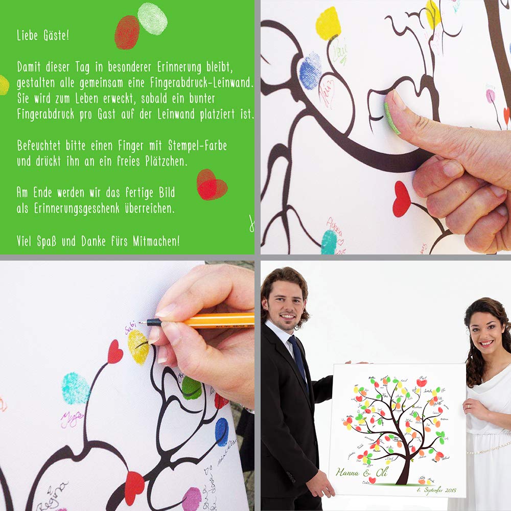 Hochzeitsbaum Fingerabdruck 60x60 mit NAMEN & DATUM - INKL Zubehör-Set (Stempelkissen+Stift+Anleitung+Hochzeitsbuch+...) GRATIS - Ehebaum Hintergrund - Hochzeitsbaum Fingerabdruck