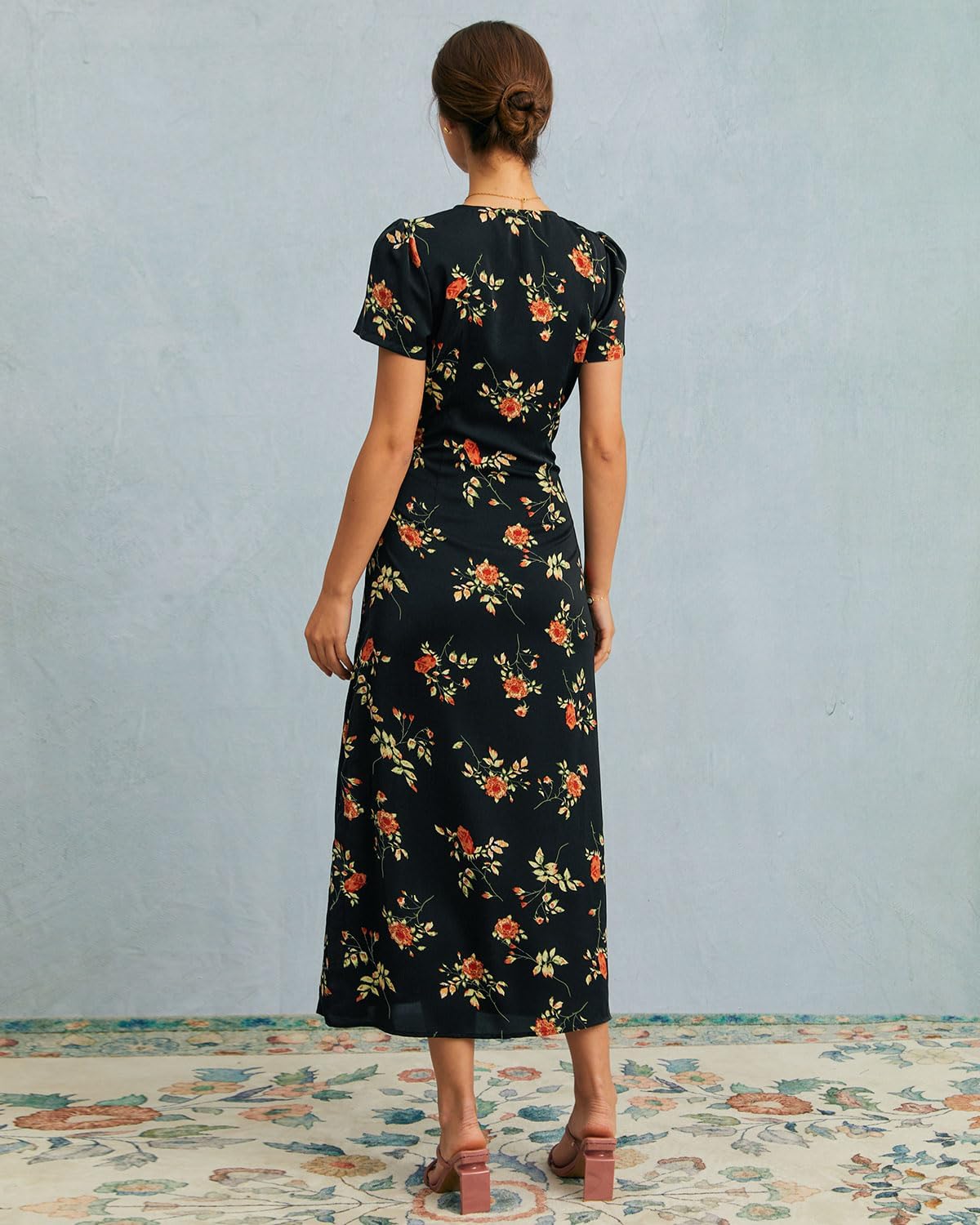 RIHOAS Women's Boho V Neck Floral Maxi Dress - Elegant Flowy Short Sleeve | Summer Beach Wedding Guest Formal Vestido Black