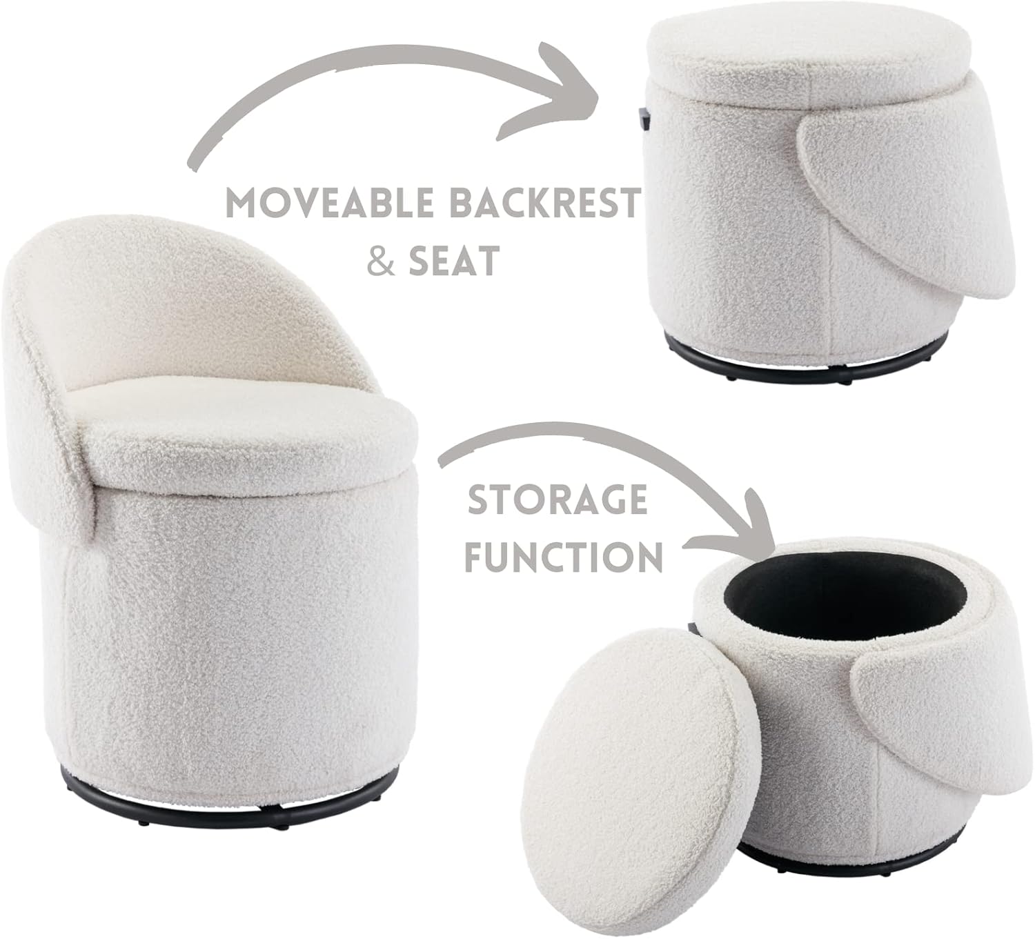 Modern Swivel Ottoman Vanity Chair, Sherpa Upholstered Barrel Chair Club Chair 360°Degree Swivel Side Chair with Storage, Comfy Makeup Stool for Bedroom Living Room, White Sherpa-white