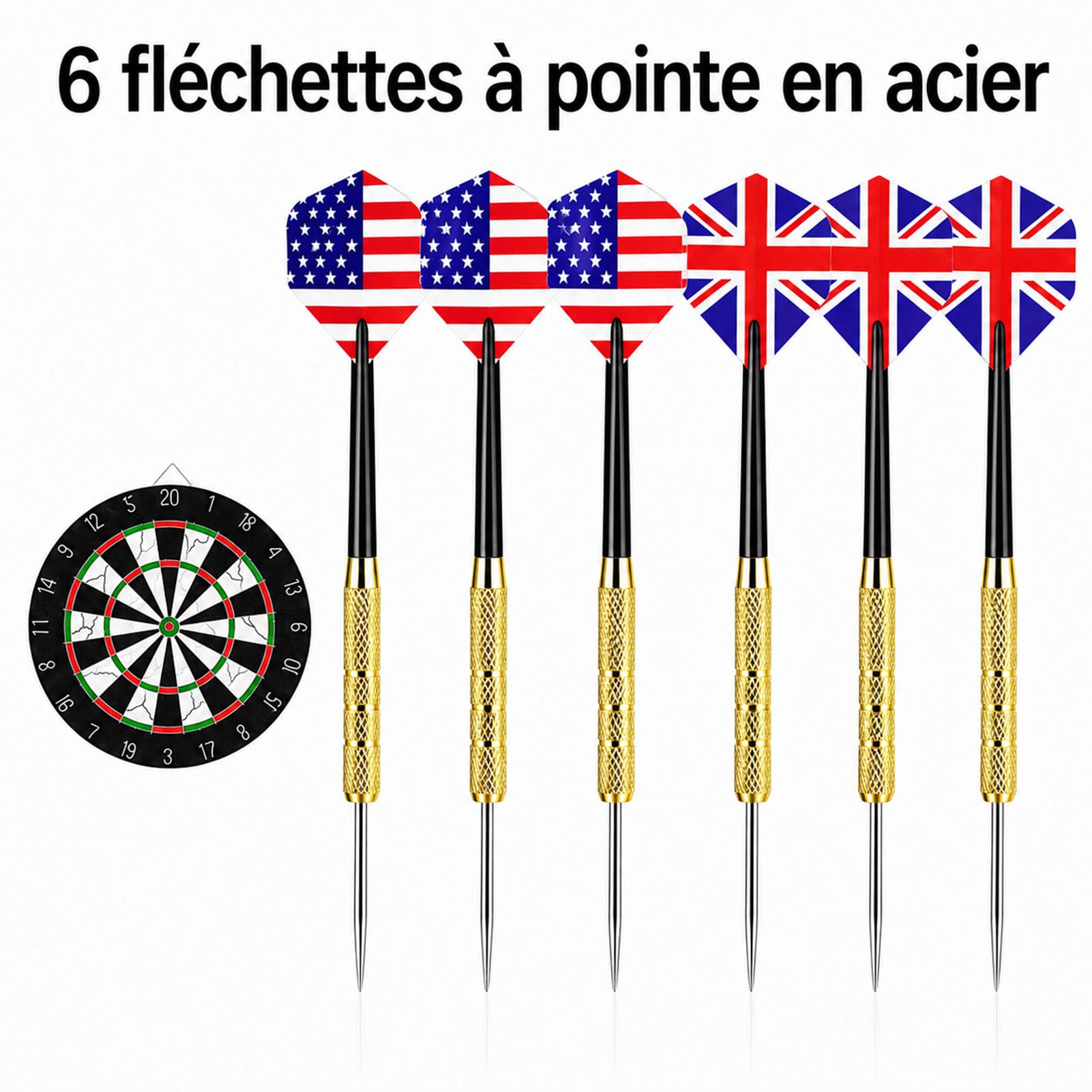 Cible de Fléchettes 45 cm, Jeu de Fléchettes avec 6 Fléchettes à Pointe en Acier, Double Face, Surface Floquée, 2,5 cm D'épaisseur, à Suspendre avec Crochet, pour Adultes, Salle de Jeux