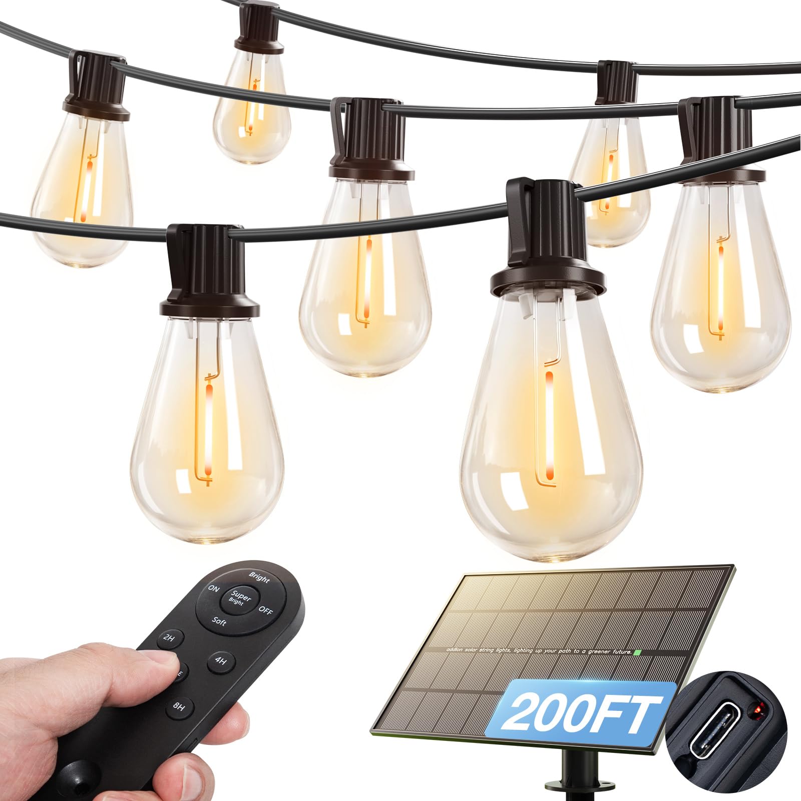 addlon 200ft(192+8) solar string lights outdoor waterproof 6w panel with usb port & remote control solar powered patio lights for outside with 68 led dimmable bulbs for porch garden deck halloween