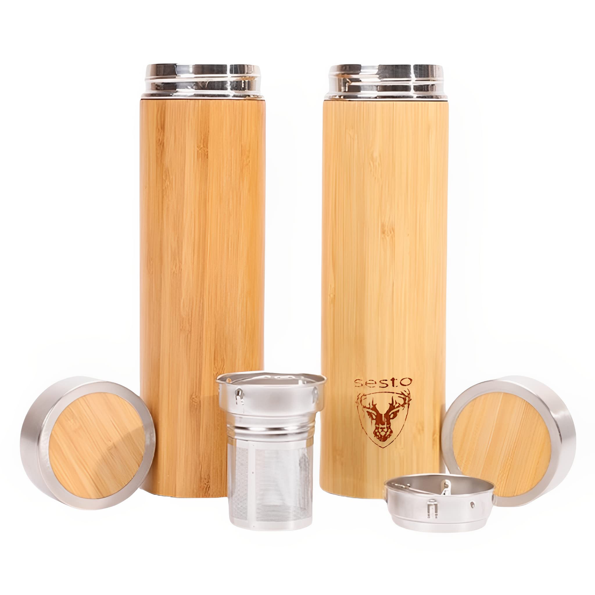 SestoBamboo Tumbler Double-Walled Vacuum Insulated Flask With Detachable Tea Filter/Strainer Water Bottle For Travelers 500Ml