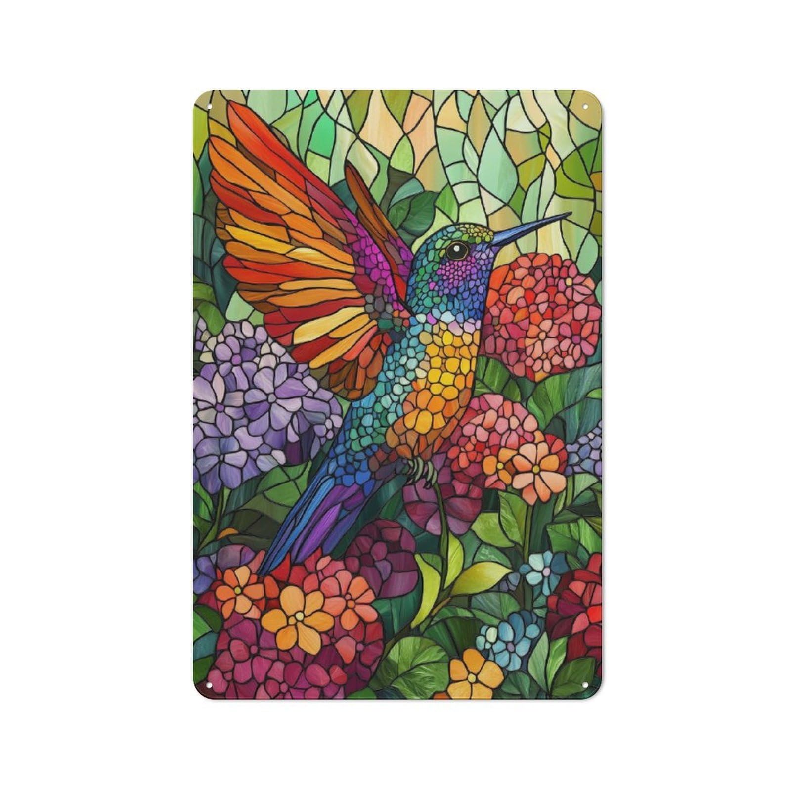 Hummingbird in Bloom Stained Glass Warehouse Style Metal Wall Decor 30x20cm, Metal Wall Sign for Workspace, Cafe, Hallway Or Garage