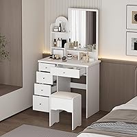 Vista 2 de FUFU&GAGA - Juego de tocador con espejo, tocador de maquillaje con 5 cajones, estantes, escritorio y taburete acolchado, color blanco