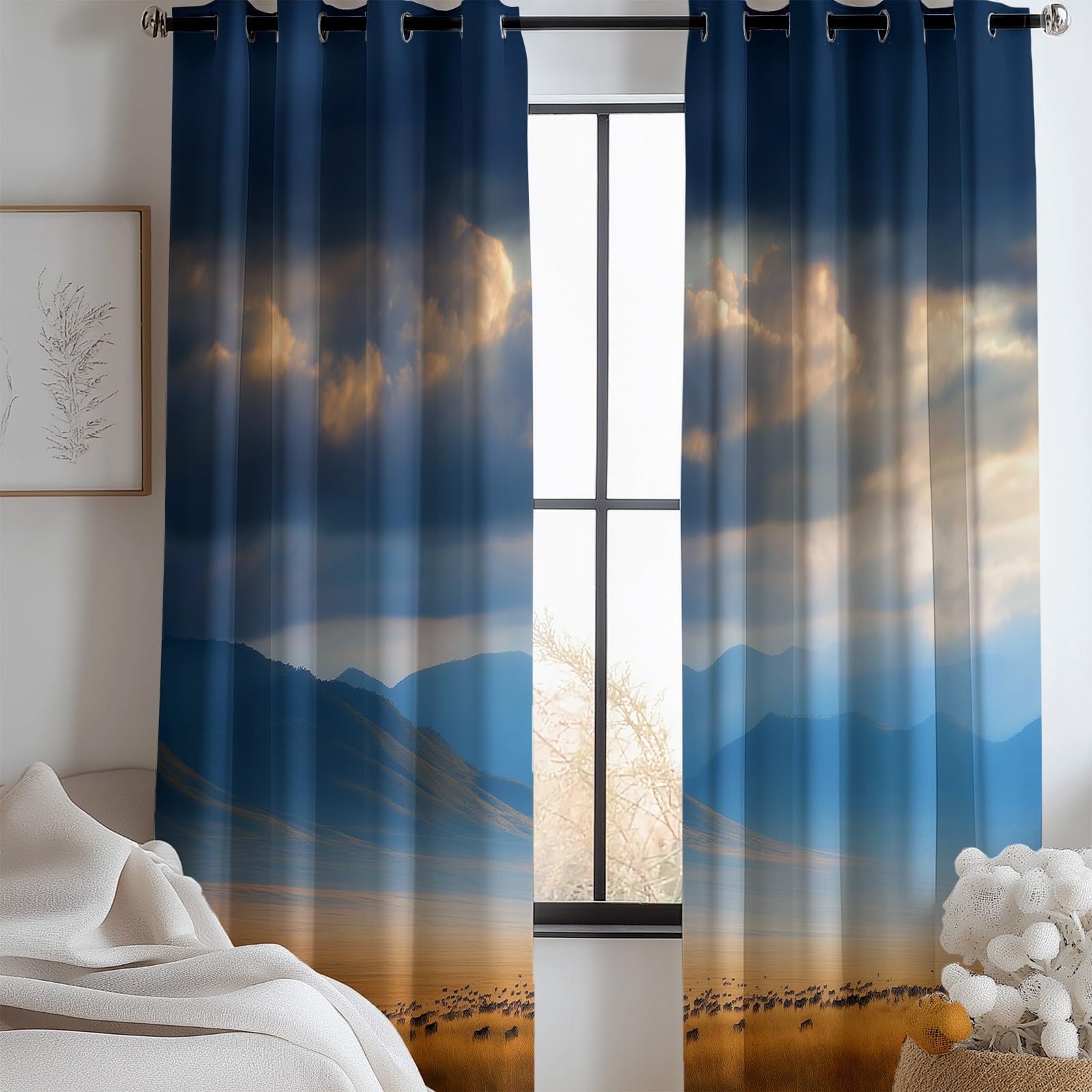 Rideaux isolants thermiques oeillets occultants bleu L140xH225 paysage nature pour maison