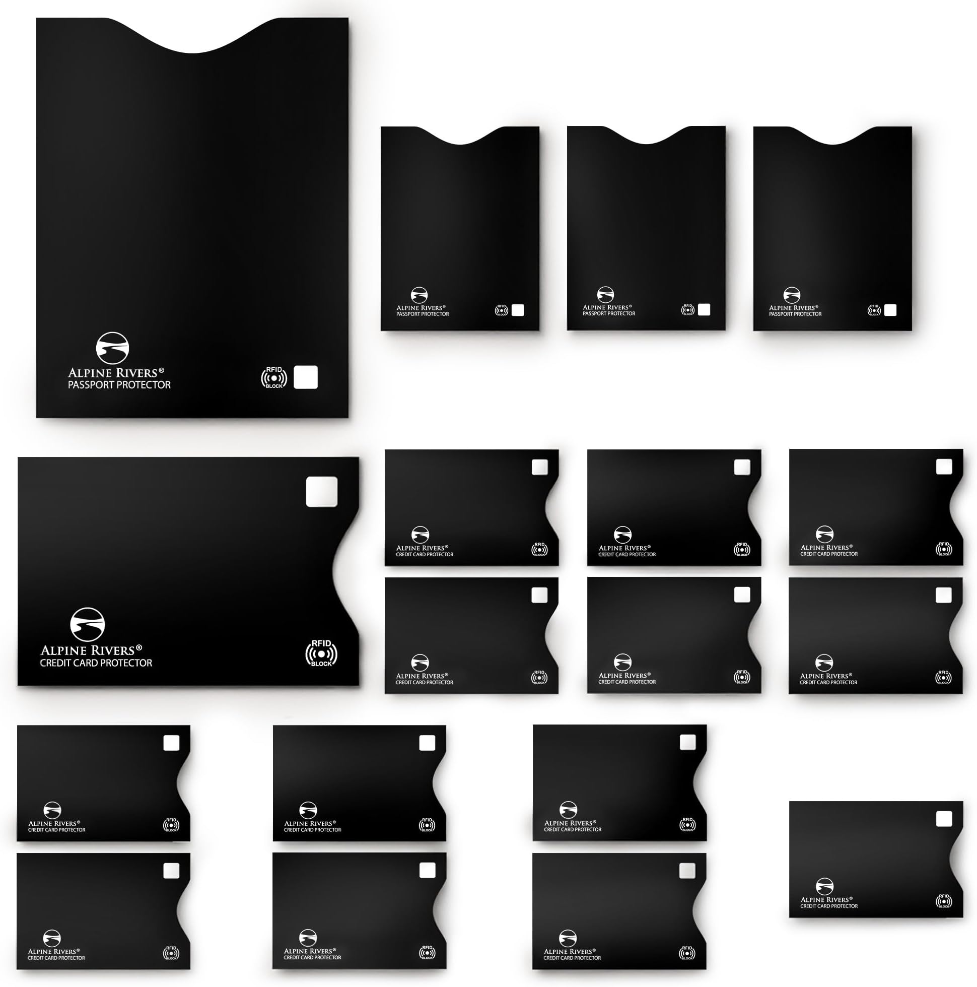 RFID Blocking Sleeves 18 Pack - 14 Top-Load Credit Card Protectors & 4 Passport Holders | NFC Blocker 13.56 MHz | Bank Debit ID Card Protective Covers Black | Everyday & Travel Security