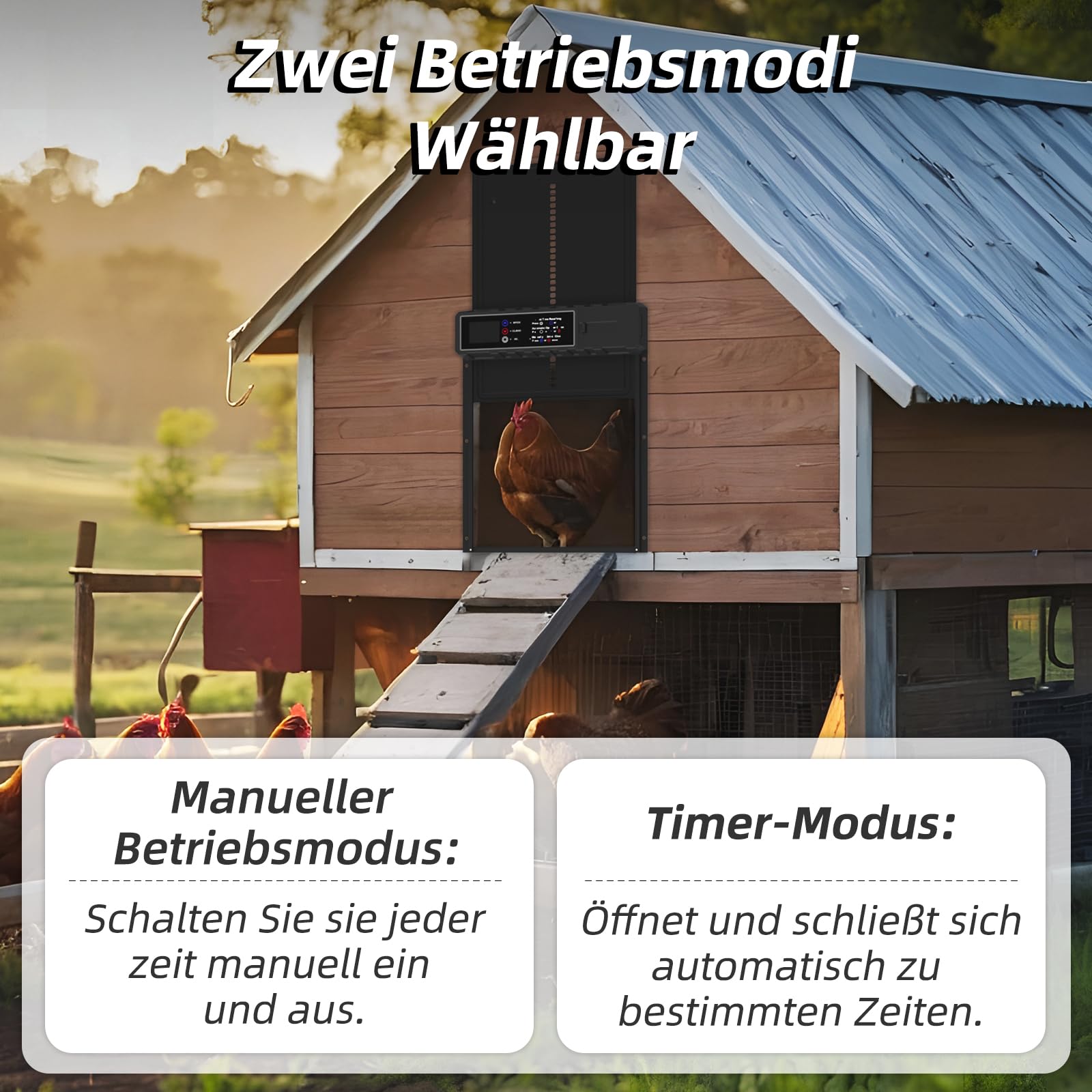 Aluminium Automatische Hühnerklappe - Elektrische Hühnerklappe mit Wasserdicht Großes Display, Timer, Klemmschutzfunktion - Automatisch für Hühner, Ente, Gans, Häschen, Kratzfest