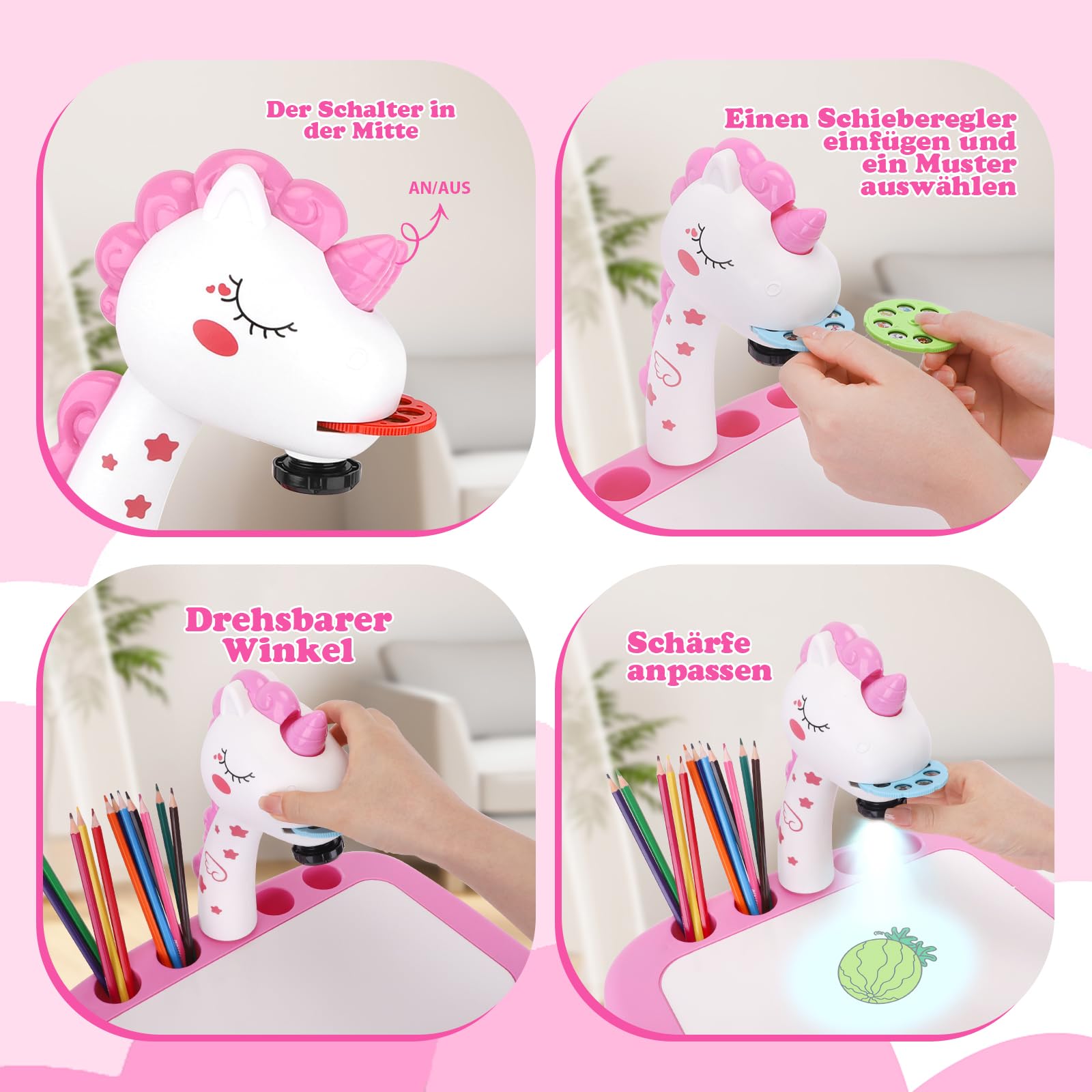 Konijiwa Einhorn Geschenke für Mädchen Zeichenprojektor für Kinder mit 72 Motiven Mädchen Geschenke Spielzeug 3 4 5 6 7 jahre Kinder Projektor mit Buntstiften, Zeichenbuch