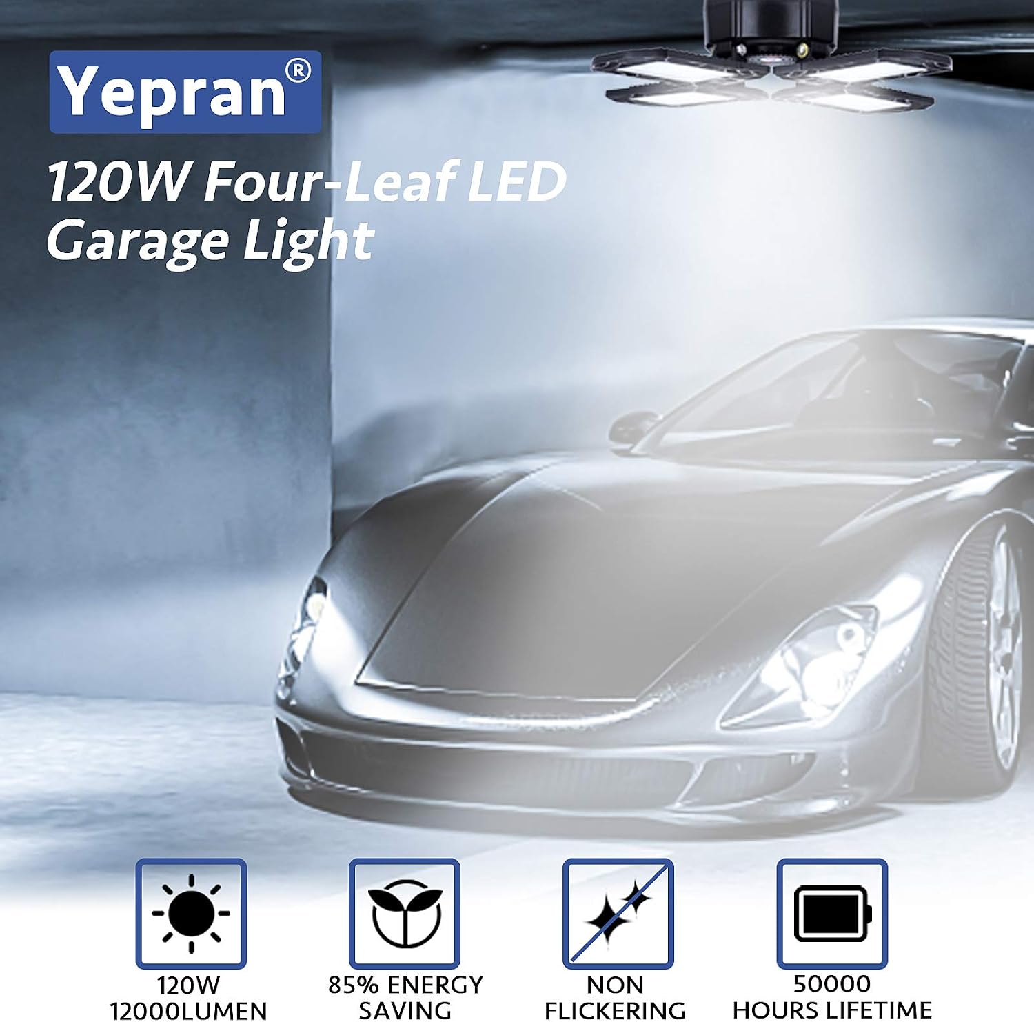 Yepran LED Garage Lights, 120W Deformable Light 12000Lumen 4 Adjustable Panels Ceiling Lite 6000K Shop Light with E26 Base Screw in for Basement Workshop Warehouse
