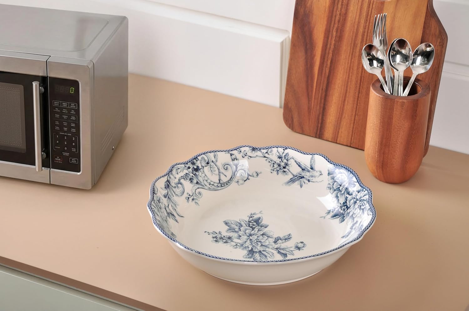 222 Fifth Adelaide Blue Extra Large Serving Bowl, 106.5 oz, 12.6" Porcelain Serve Bowls for Pasta, Salad, Fruits & Family Meals, Big Ceramic White Bowls for Entertaining, Dishwasher & Microwave Safe