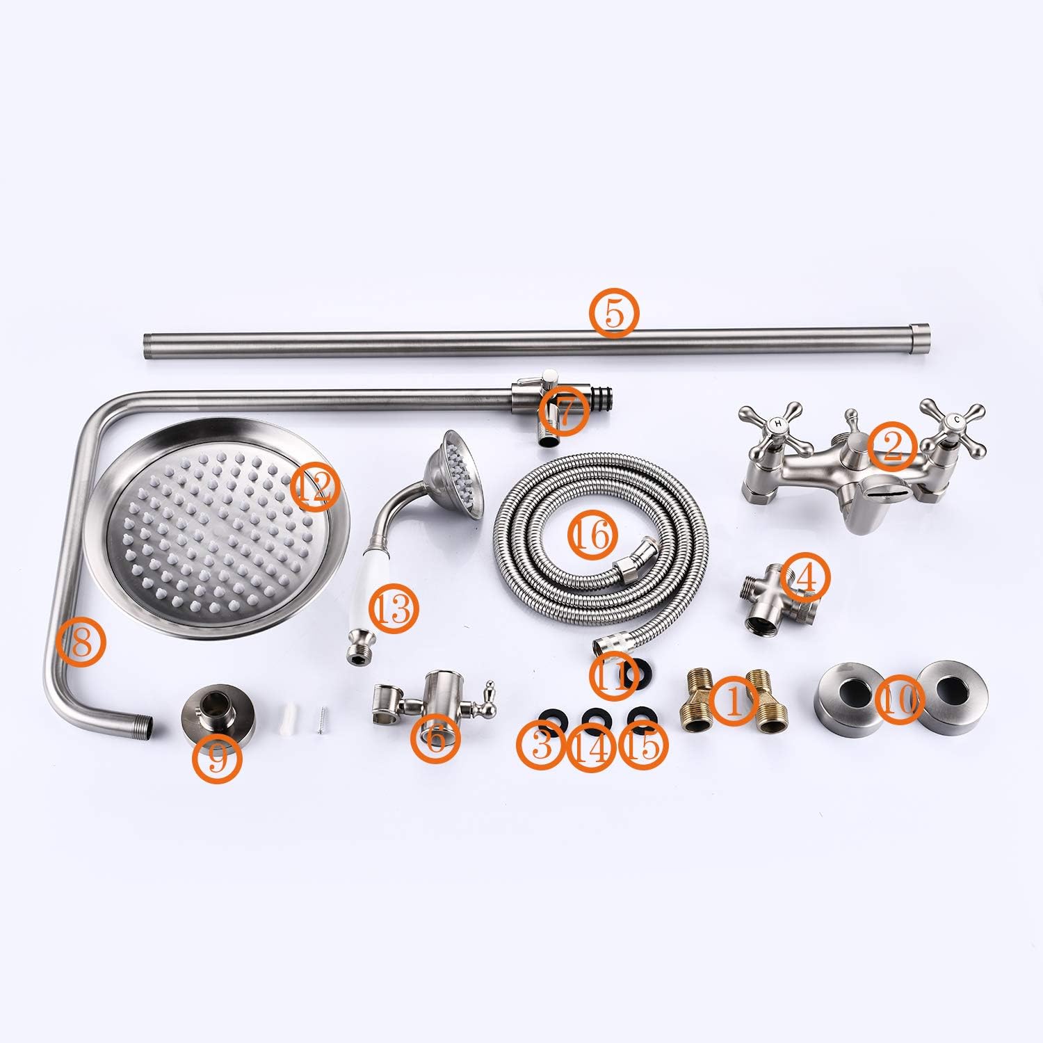 Brushed Nickel Shower Faucet Sets 8 Inch Luxury Rain Shower Head 2 Cross Knobs Shower System with Matching 12 inch Brushed Nickel Shower Faucet Kit Extension Tube