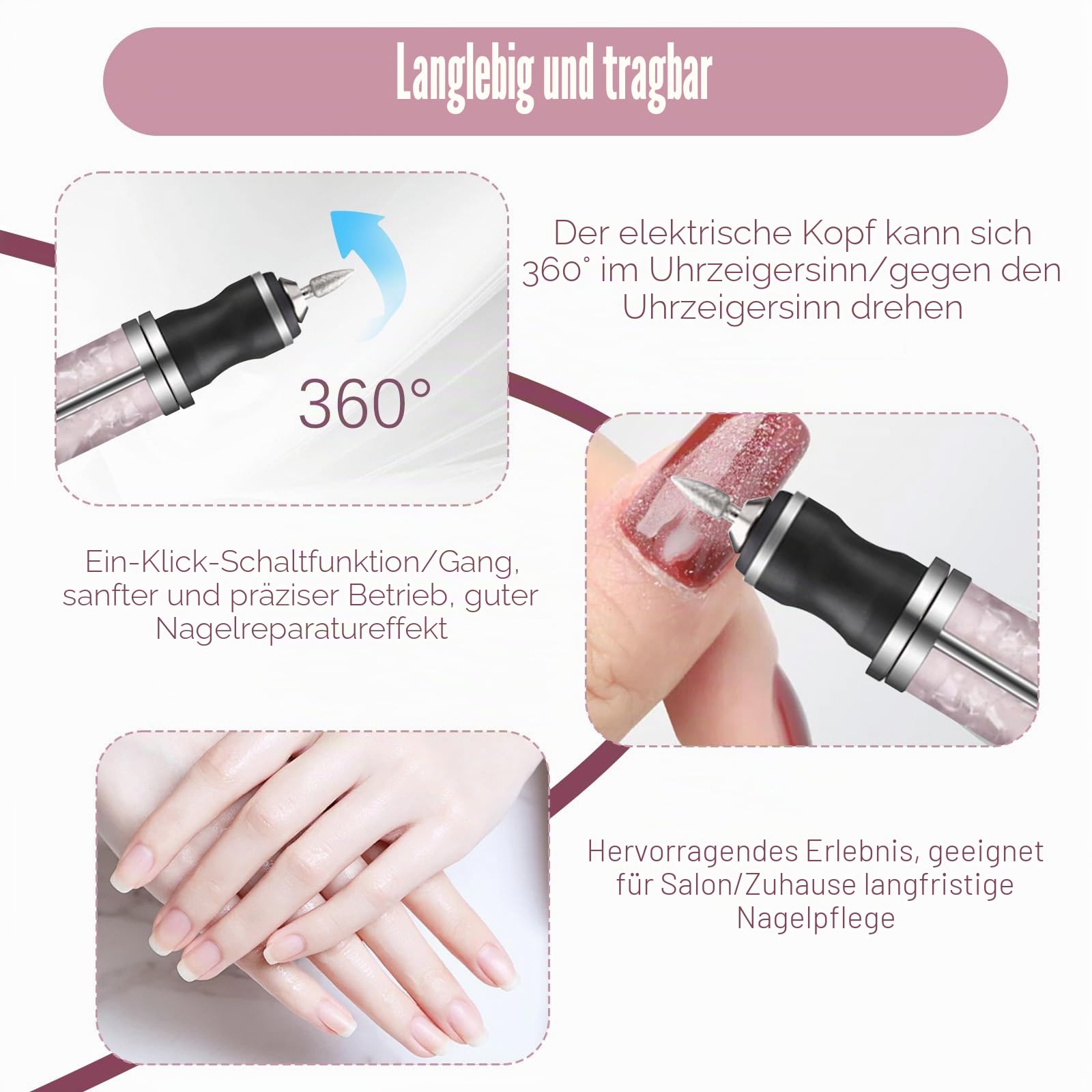Nagelfräser Kabellos, 20000 u/Min Elektrische Nagelfeile Pediküre mit 12 Schleifköpfen 6 Schleifstufen 4 einstellbaren Geschwindigkeiten, Maniküre für Hand und Fußnägel Entfernt Gel Nagellack
