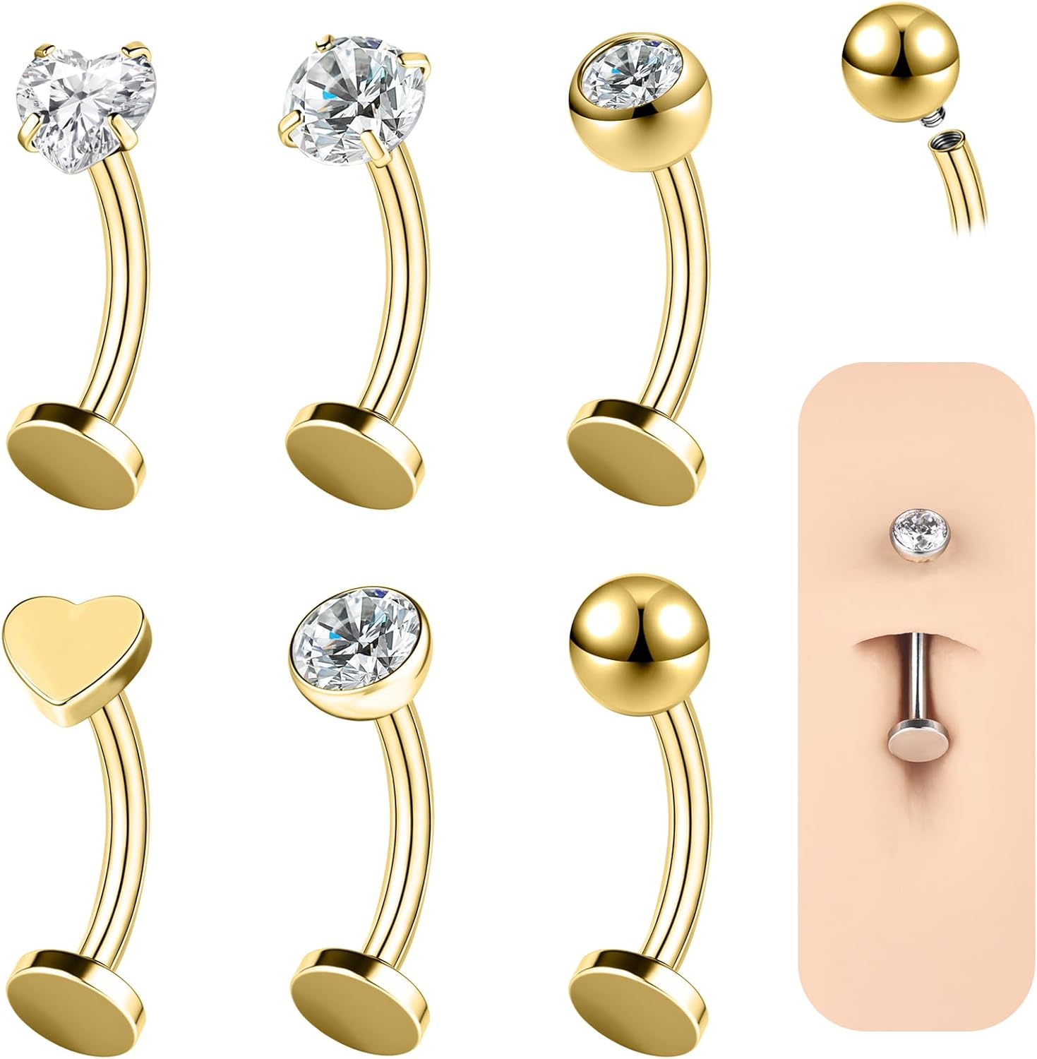 ZS 6Pcs CZ Floating Belly Button Rings, 14G Stainless Steel Belly Button Piercing, Double-ended Internally Threaded Curved Barbell Eyebrow Lip Rings for Women