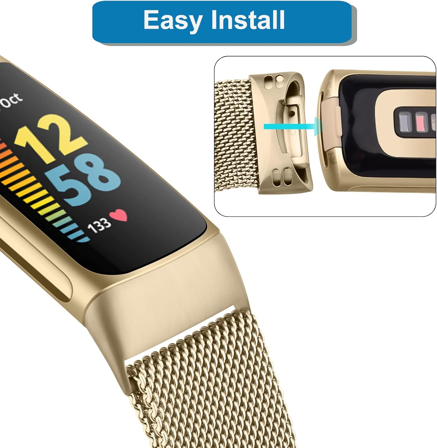 Tobfit Metal Band Compatible with Fitbit Charge 5 Bands for Women Men, Magnetic Clasp Stainless Steel Mesh Loop Strap (Black & Soft Gold)