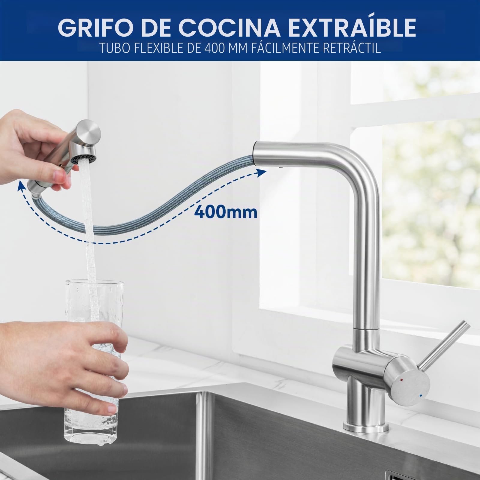 CECIPA Grifo Cocina Extraíble con Ducha, Mezclador Fregadero Giratorio 360°, Acero Inoxidable Cepillado, Compatible con Fregaderos Simples o Dobles