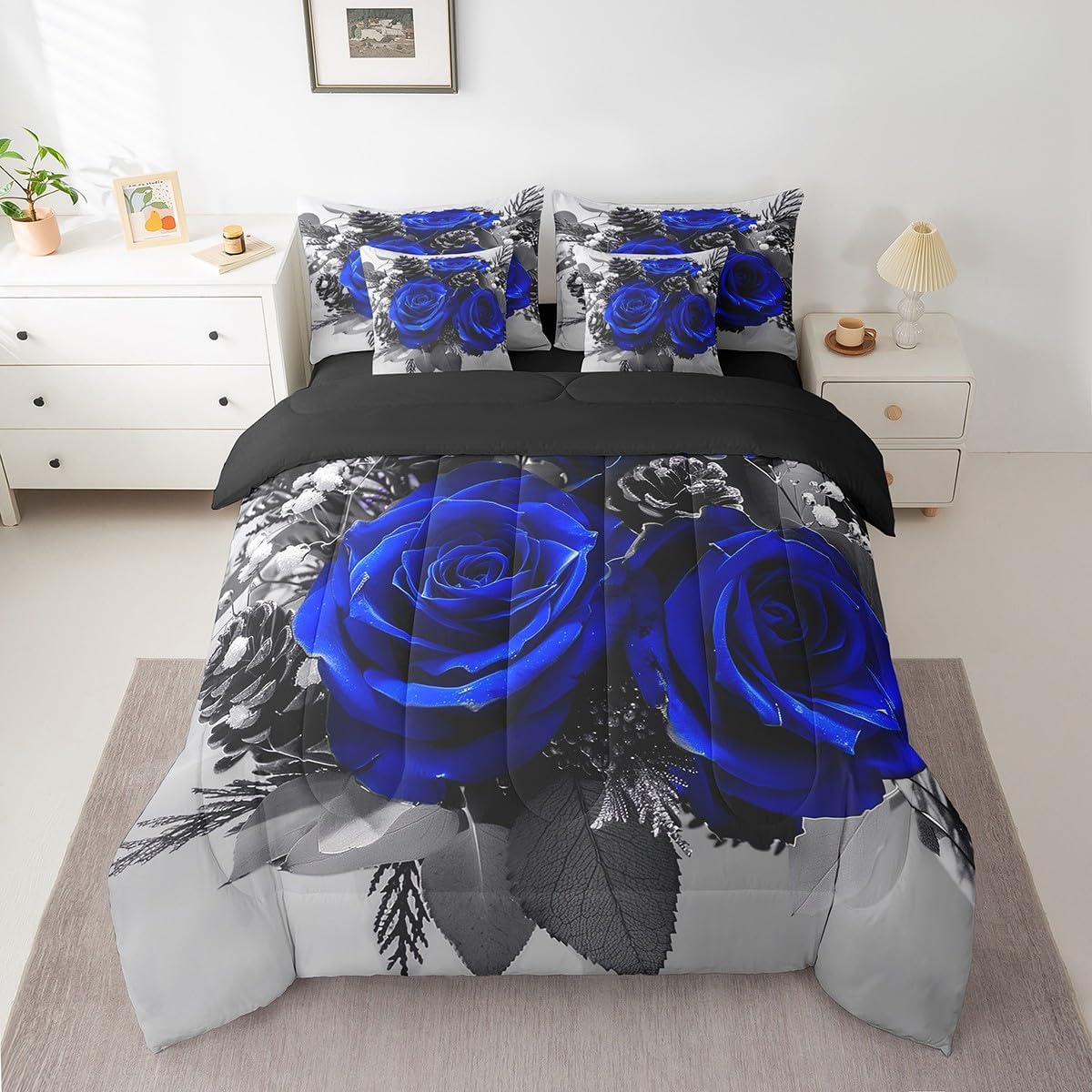 Erosebridal Blue Rose 7 Pcs Comforter Set King,Romantic Valentine's Day Bed in a Bag with Flat Sheet and Fitted Sheet,Garden Farmhouse Botanical Floral Flowers Blue Bedding Set with Pillowcase & Sham