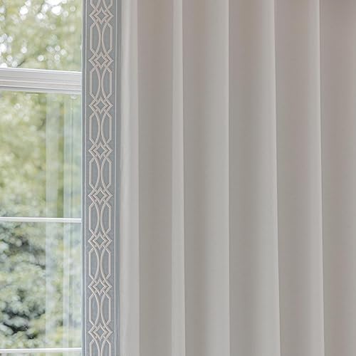 Pearl White Cotton Blend Curtains with Embroidery Trim - Room Darking Curtains for Home Living Rooms (PearlWhite (Yellow Tone), 50" W x 108" L)
