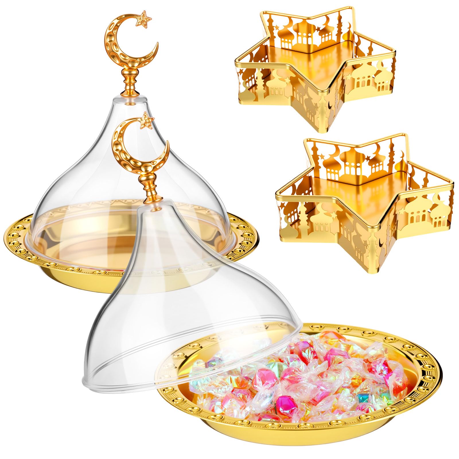 Photo 1 of **MISSING PARTS/ONLY 2 STAR TRAYS***Ferrochef 3 Pcs Ramadan Serving Trays Decoration, 1 Gold Round Tray with Acrylic Dome & 2 Star Shaped Trays, Eid Mubarak Metal Plate Dish for Dessert Display Holder Islam Muslim Home Party Table Decor