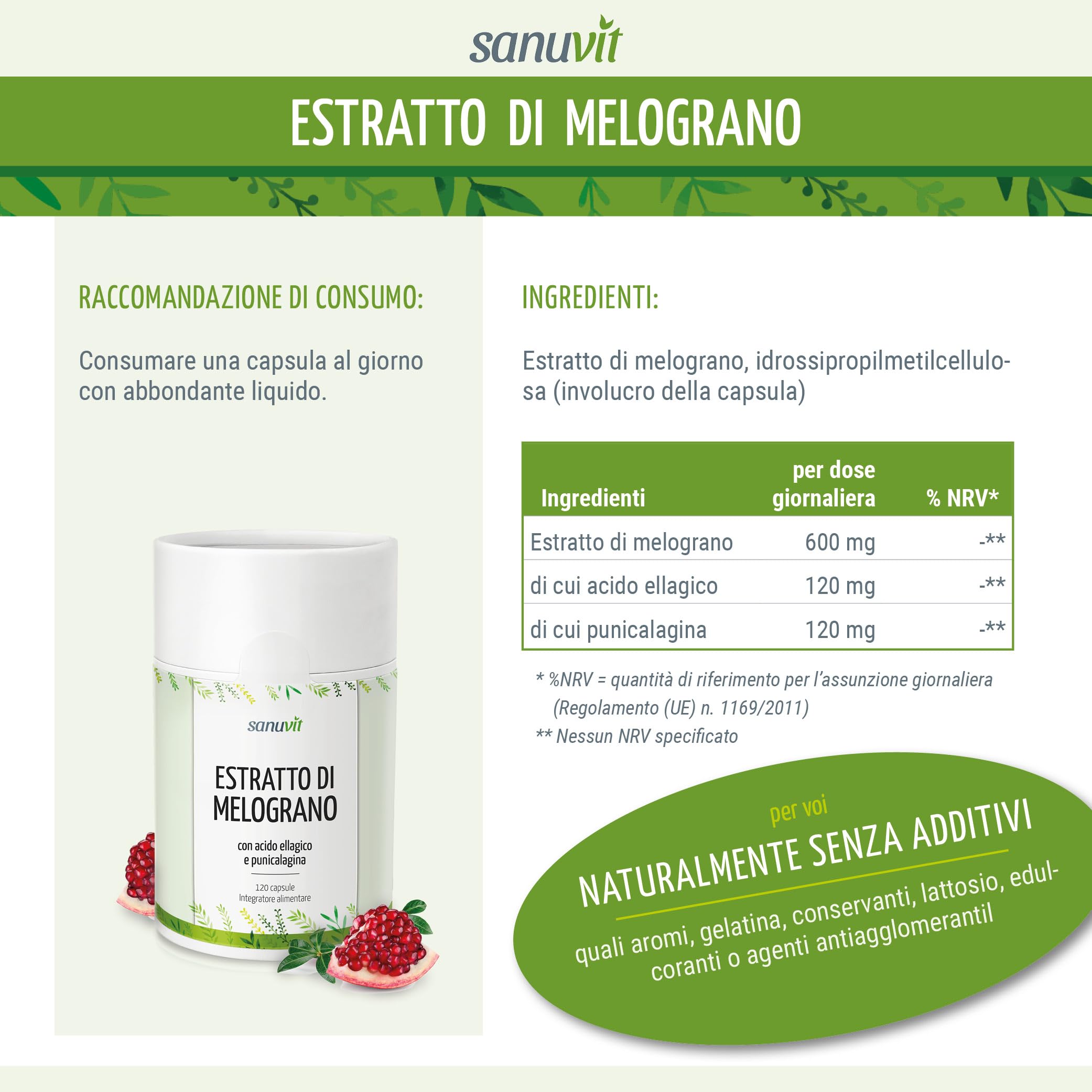 Sanuvit® - Estratto di melograno 600 mg | 120 capsule | 120 mg di acido ellagico e 120 mg di punicalagina | Protezione attiva delle cellule | Antiossidanti altamente concentrati | Vegan