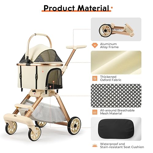 Miniatura 6 de 3-in-1 Foldable Pet Stroller for Medium Dogs Cats up to 50lbs, Adjustable Handle Detachable Carrier Car Seat, 5" Lockable All-Terrain Wheels, Large