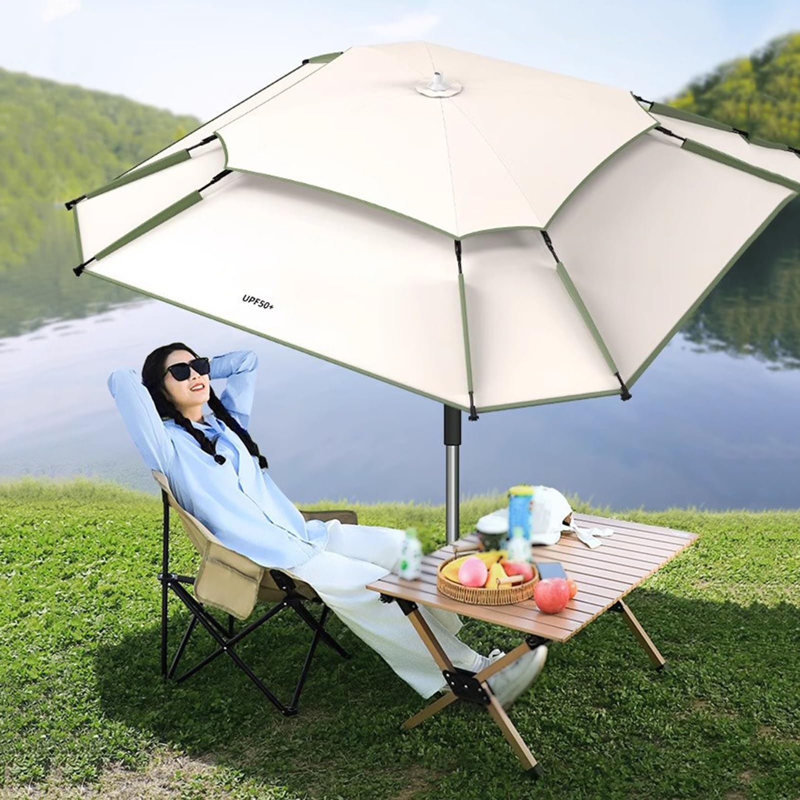 Parasol Ogrodowy Z Funkcją Pochylenia, Kwadratowy Parasol Ogrodowy Z Aluminiowym Drążkiem, Parasol Wędkarski Na Plażę I Kemping, Z Torbą Transportową,Khaki-220cm/7.2ft