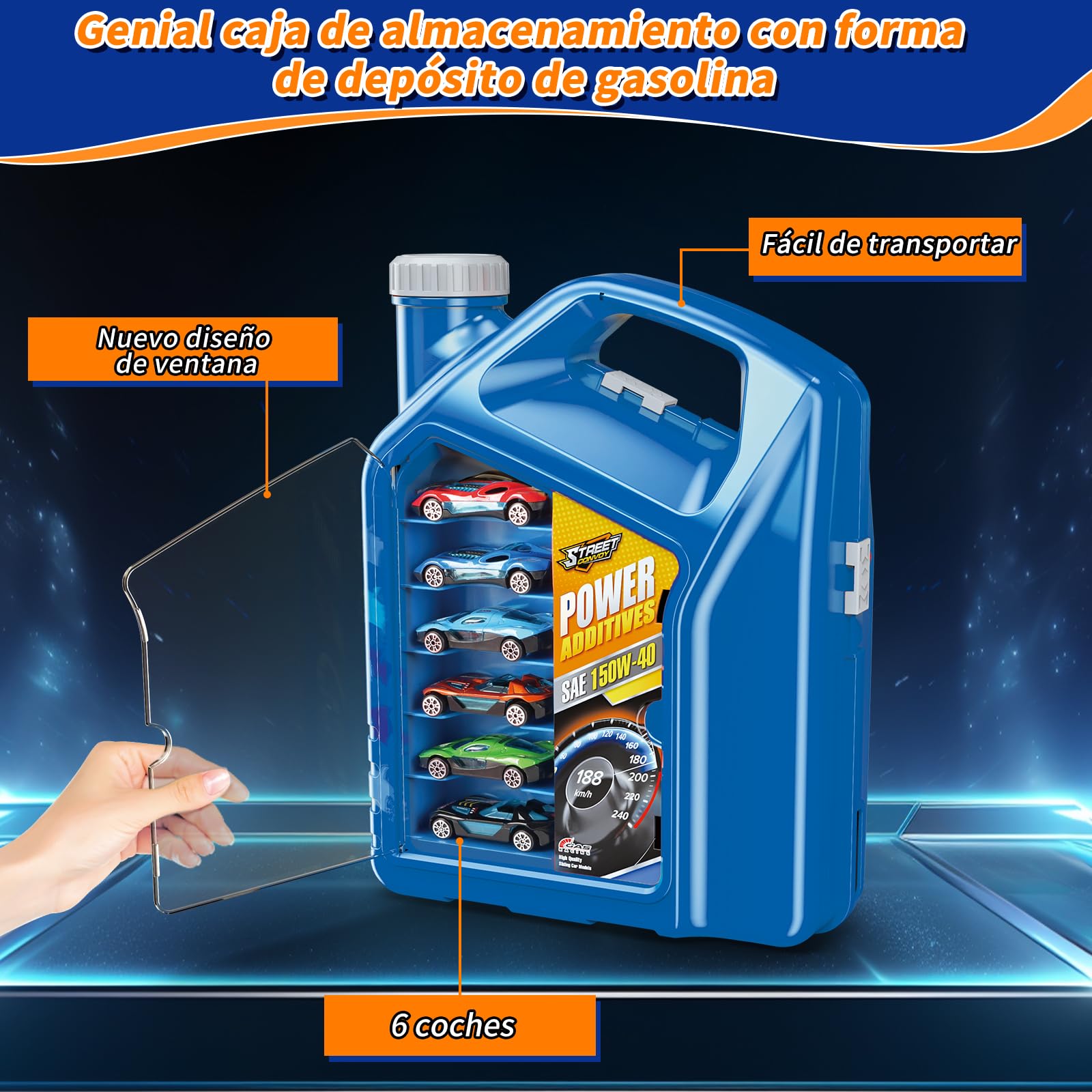 Charmofun Pista de Coches para Niños, 2 in 1 Pista de Coches con 6 Coches, Caja Almacenamiento, Pista de Carreras con Pista en Bucle y U, Juguete Pistas Portátil para Niños 3+ Años (Azul)
