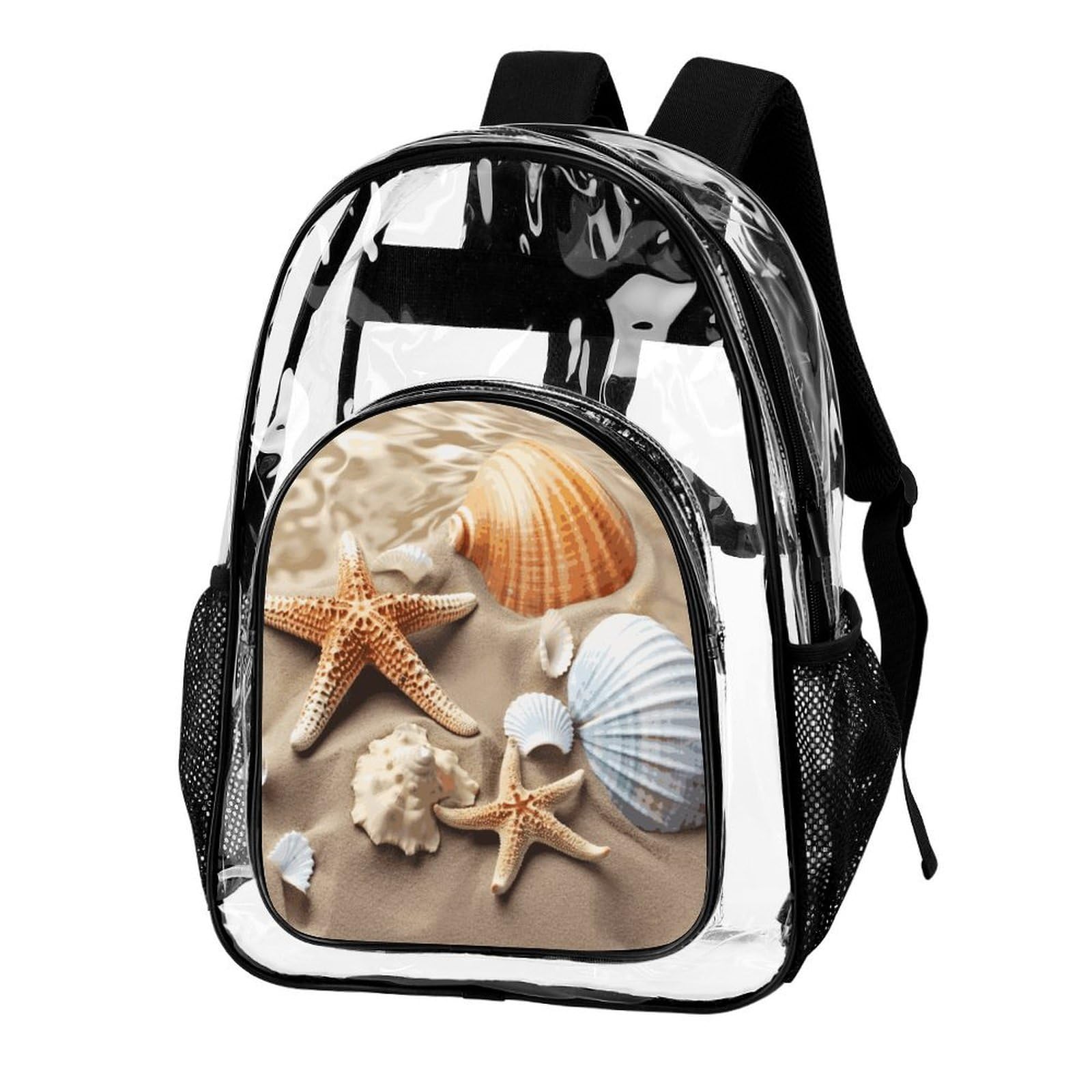 Transparenter Rucksack mit Muscheln, Seestern, groß, transparent, PVC, Büchertasche für Sicherheit, Arbeit, Reisen, Stadion