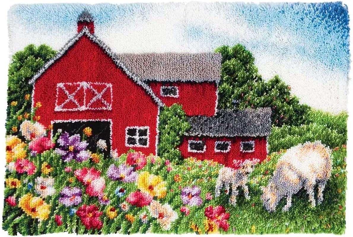 clubevy Latch Hook Rug Kit, House/Flower/Cow Pattern Printed Canvas DIY Rug Crochet Yarn Kits, Embroidery Decoration