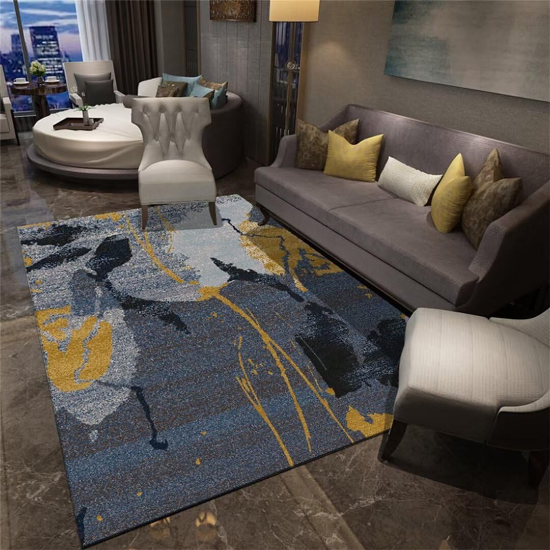 Tapis salon lavable en machine et anti-acariens au motif abstrait flou bleu moderne 120x180cm
