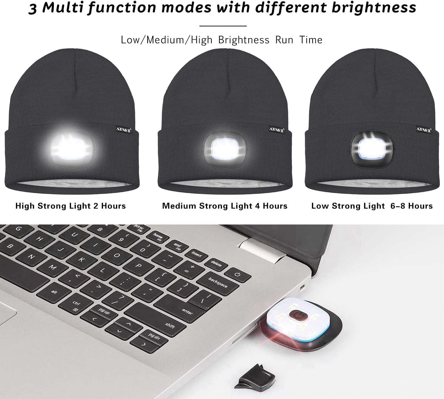 ATNKE LED Lighted Beanie Hat,USB Rechargeable 4 LED Running Headlamp Lined Fleece Cap with Light Gift for Men and Women - Image 5