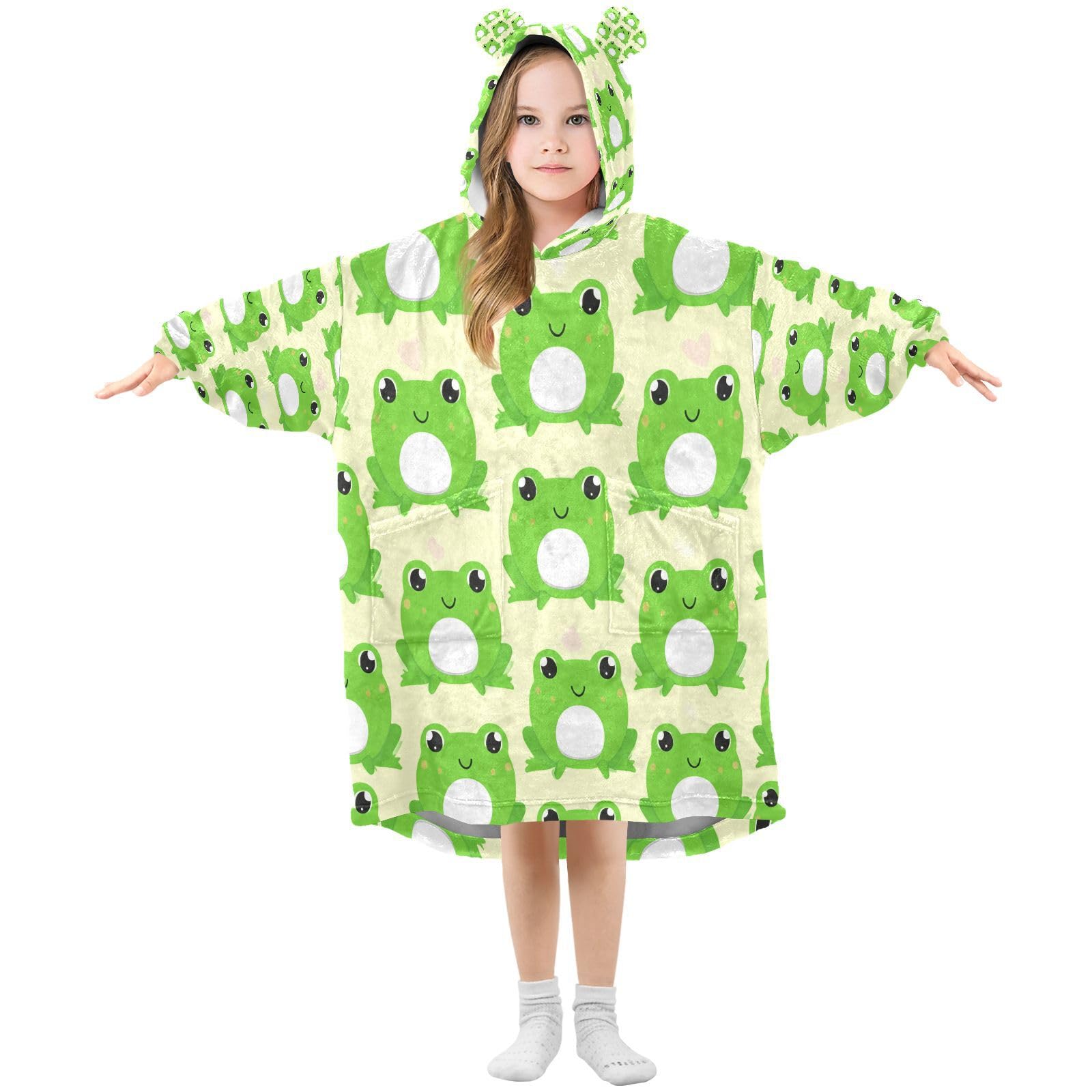 Ewusp Cute Frogs Wearable Blanket Hoodie for Kids Oversized Hooded Sweatshirt Flannel Blanket with Pocket