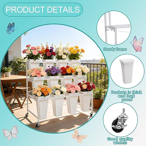 Miniatura 4 de Soporte de exhibición de flores de 3 niveles, soporte móvil de metal para plantas con 12 cubos, carrito de flores con ruedas, adecuado para