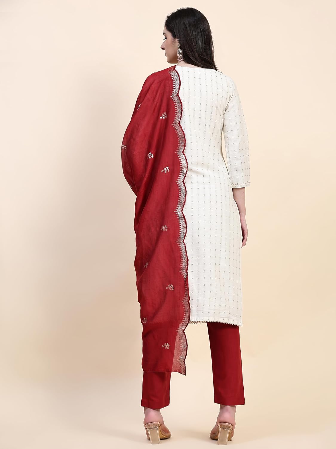 TRENDMALLS Women's Cotton Embroidery Salwar Suit Set Kurta Pant with Dupatta (G149-Offwhite-S)