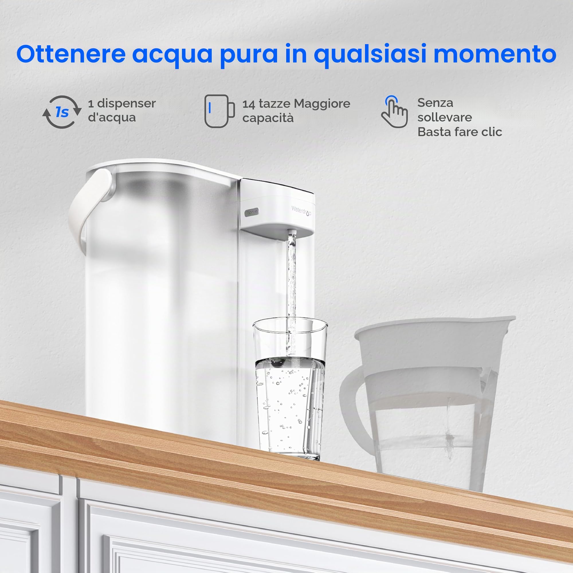 Waterdrop Caraffa Filtrante per Frigorifero Elettrico Istantaneo con Filtro 3 Mesi, Sistema di Filtraggio dell'Acqua da Banco, Riduce Cloro, Piombo, Mercurio, Riduce PFAS, 757 Litri, Bianco