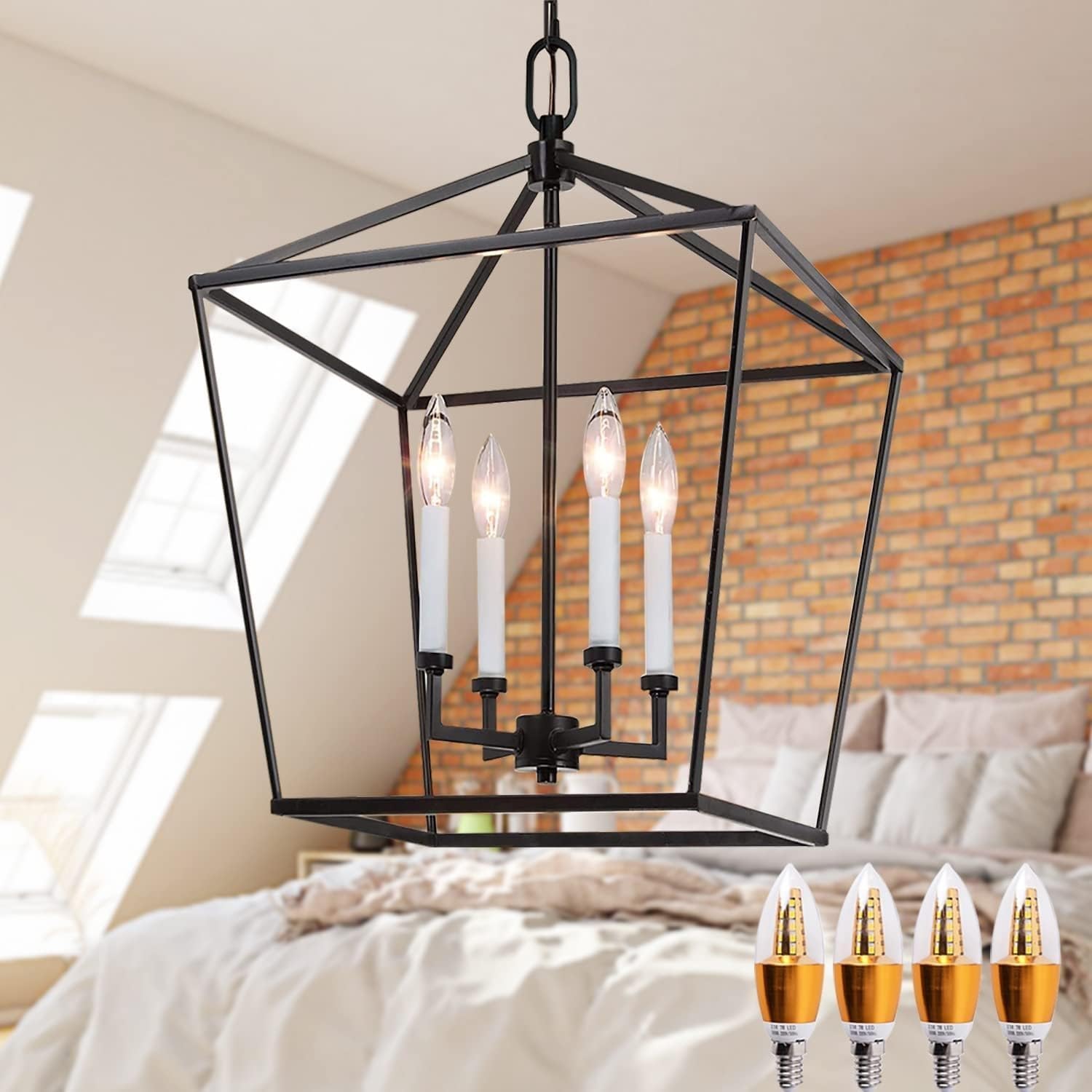 KXEcoLife Black Pendant Lantern Light 4-Light Metal Cage Industrial Chandelier, Vintage Ceiling Lighting Fixture for Kitchen Island Foyer Hall Dining Room, Brushed Nickel