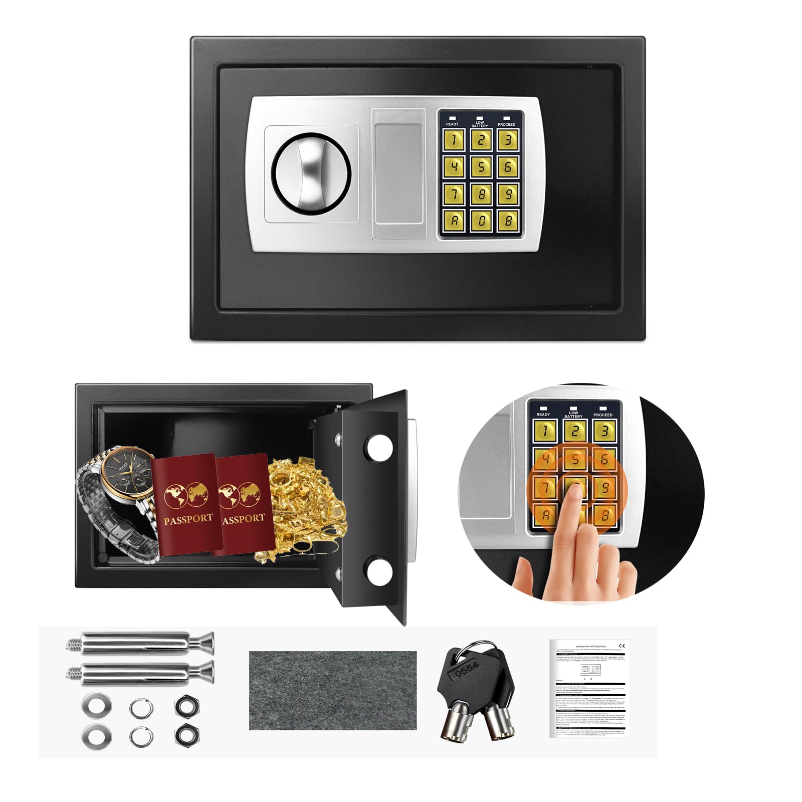 Caja Fuerte para El Hogar, Caja Fuerte De Alta Seguridad, Caja Fuerte Electrónica De 4,6 L, Pequeña Caja Fuerte Digital para Oficina En Casa con Teclado Digital Y 2 Llav,Black-8.5 L