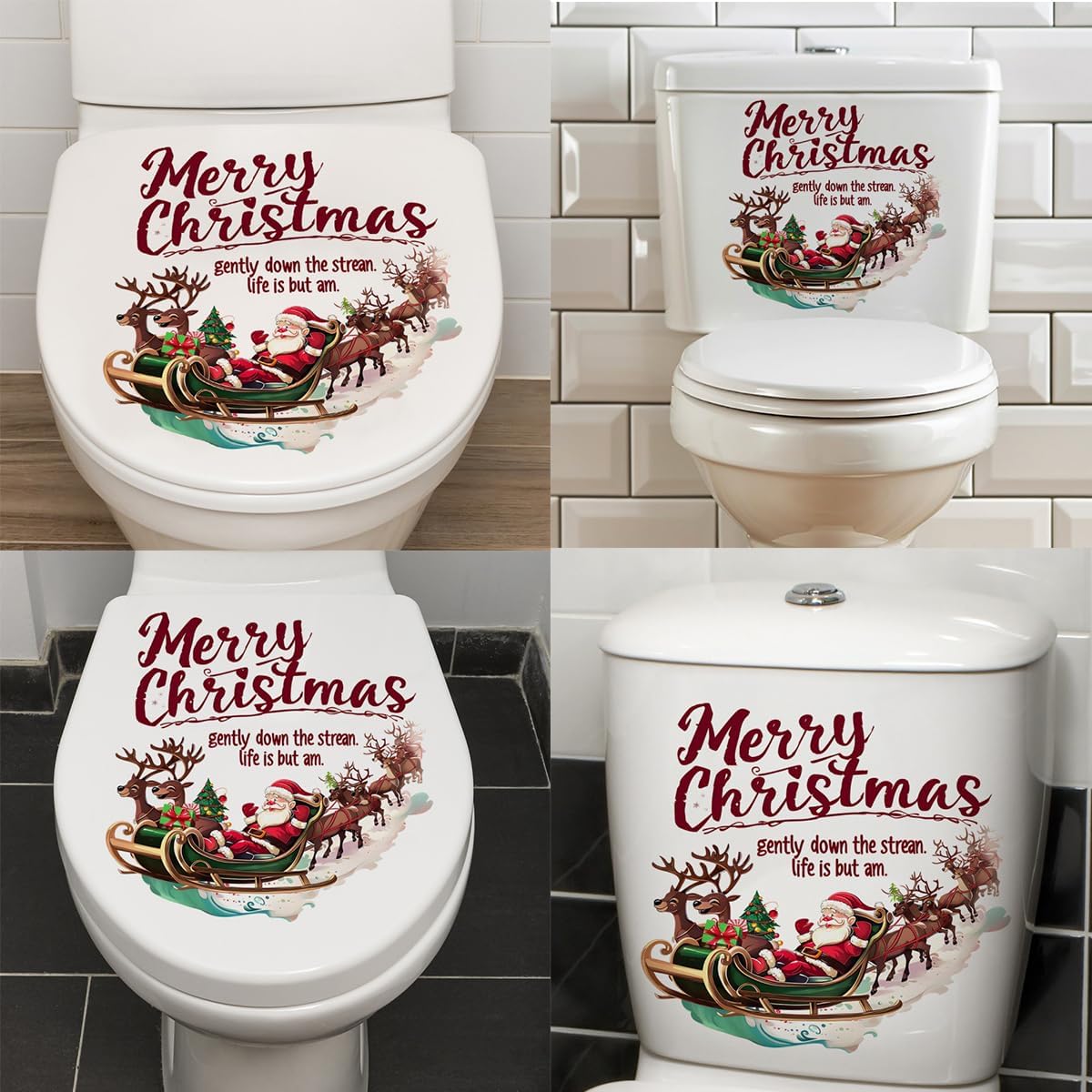 Christmas Toilet Stickers Decals Xmas Christmas Tree Santa Claus Deer Pine Needle Ball Toilet Lid Stickers Bathroom Wall Self-Adhesive Decals for Merry Christmas Party Home Mural Decoration 3Sheets