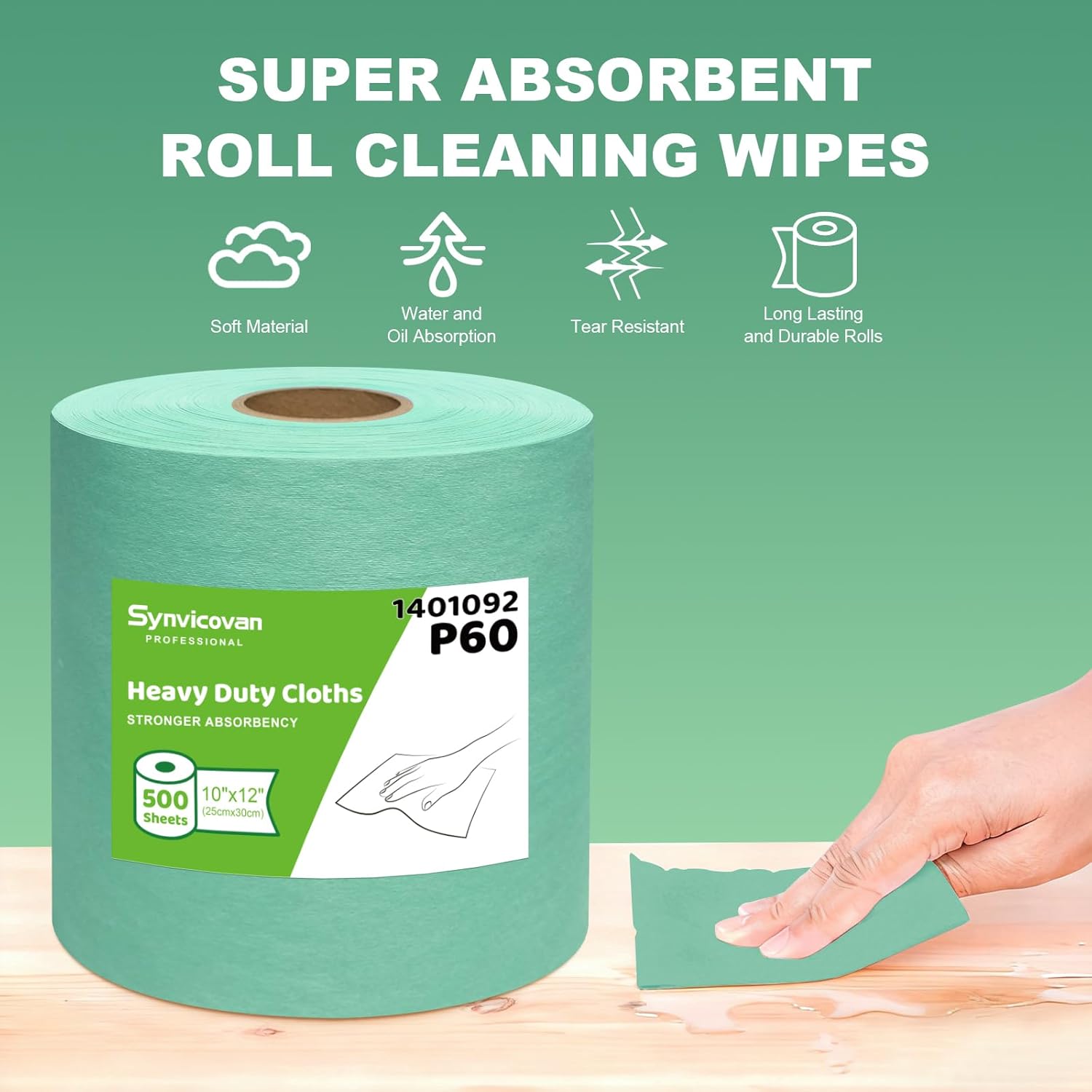 Cleanroom Wipes Heavy Duty Cloths, Lint-Free and Extra Absorbent Towels Jumbo Roll, Green (12"x10", 500 PCS)