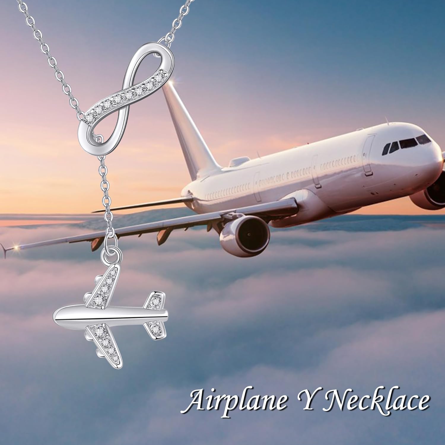Airplane Necklace 925 Sterling Silver Infinity Airplane Pendant Y Necklace Travel A... - Image 6