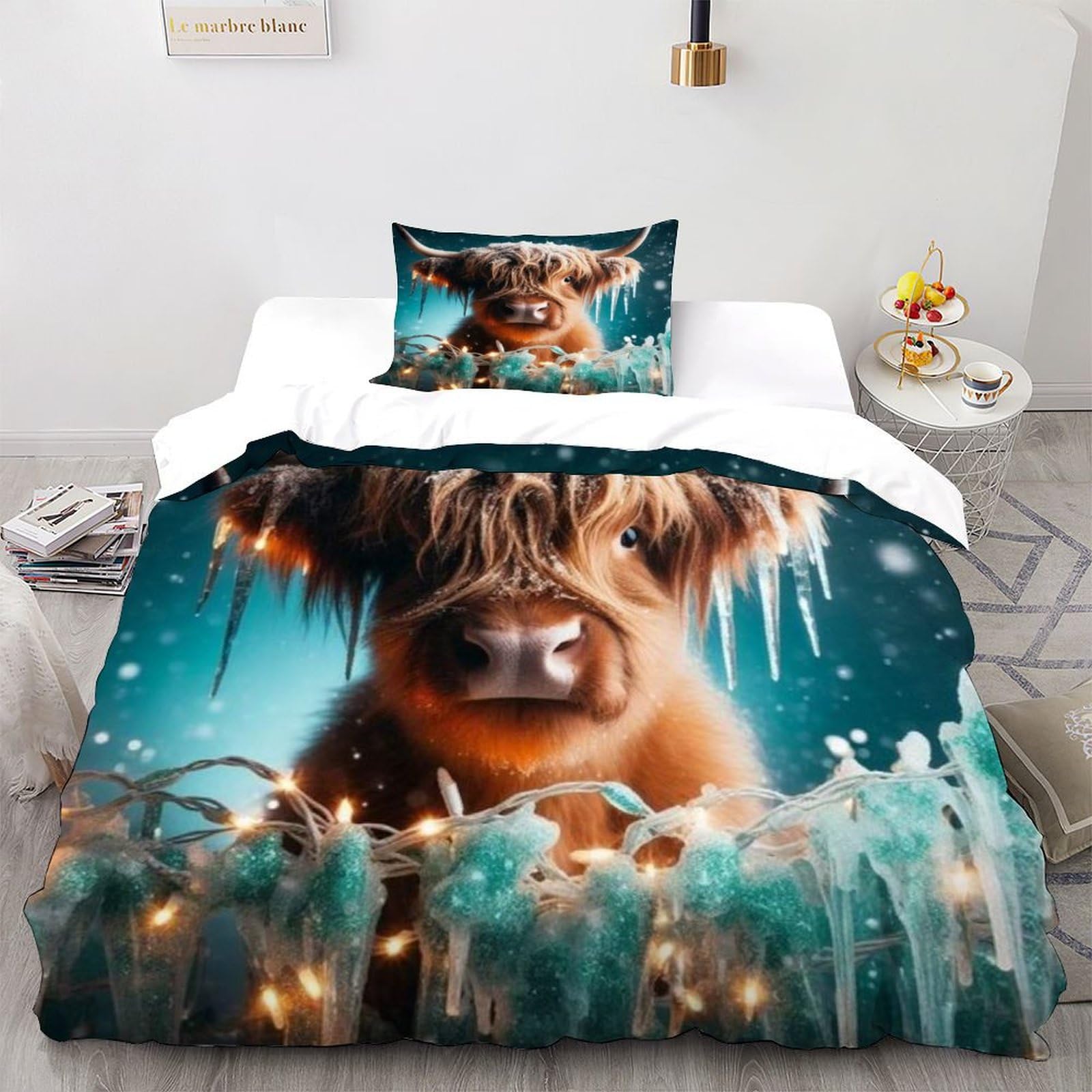 Housse de couette sans repassage parure de lit microfibre highland cow lit simple 135x200cm
