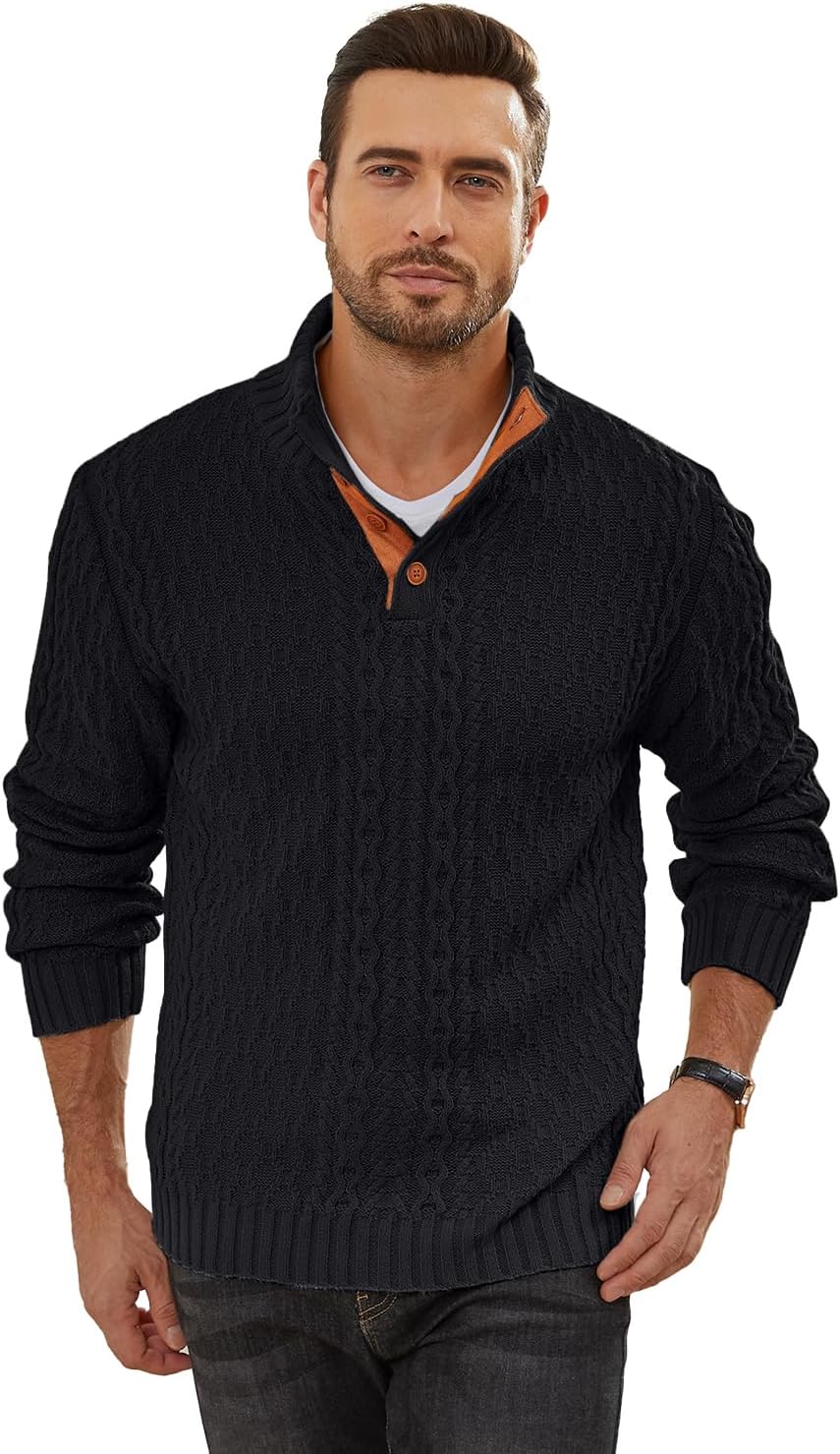 Mens Cable Knit Pullover Sweater Casual Long Sleeve Stand Collar Quarter Button Knitted Sweaters - Image 2