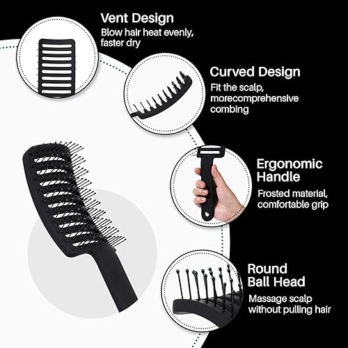 Miniatura 3 de RHOS Cepillo de pelo curvado ventilado para un secado más rápido, cepillo ventilado para mujeres y hombres, cepillo de peinado con cerdas de nailon