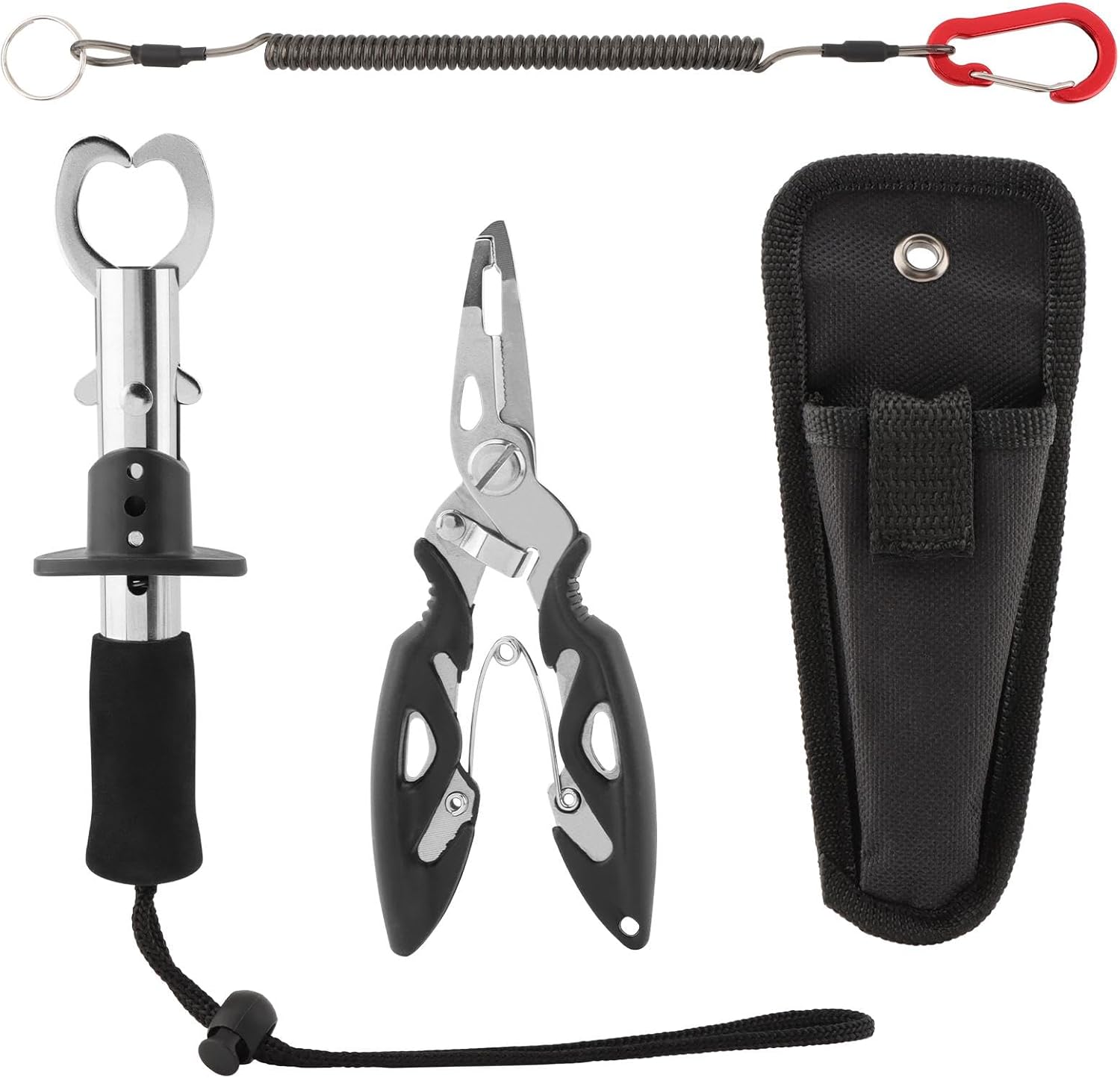 NOWHYX Fishing Pliers Set: 15kg Heavy-Duty Grip, Fish Gripper, Line Cutter, Non-Slip Handle, 100cm Lanyard & Bag
