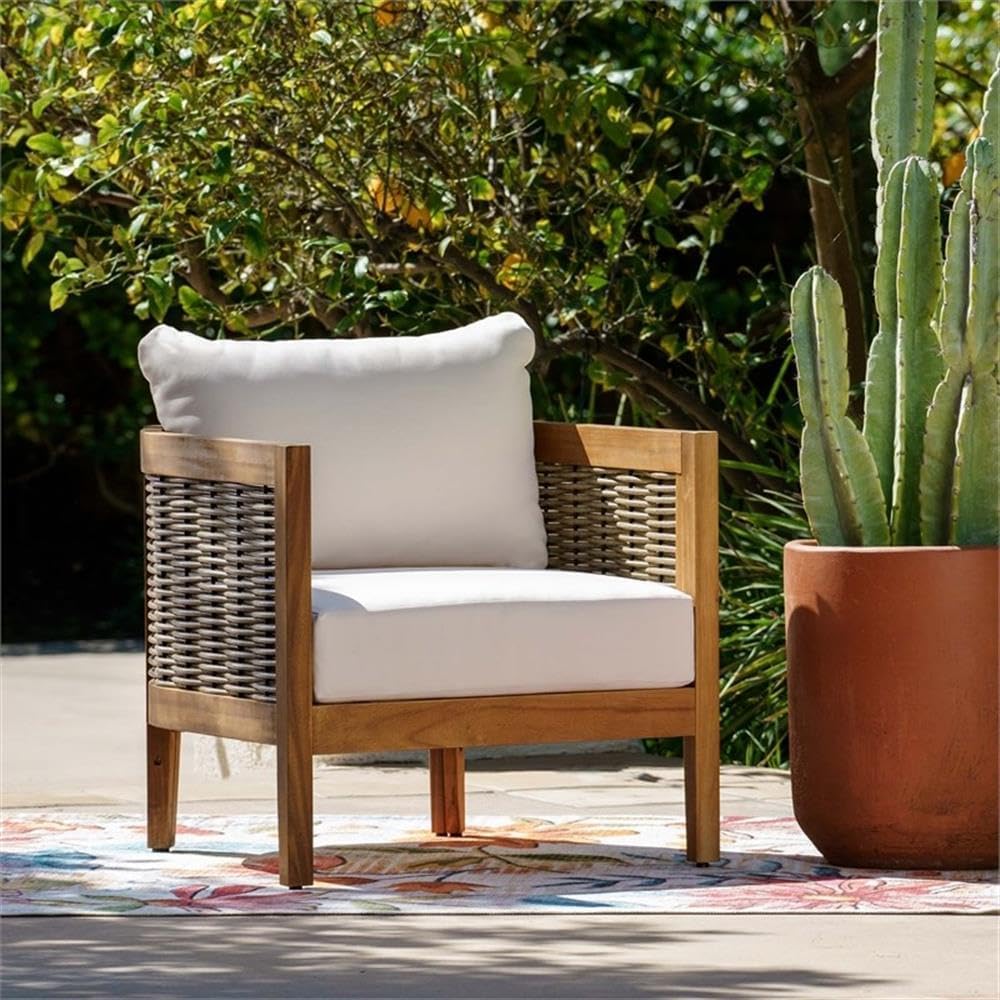 Pemberly Row Outdoor Club Chair, Acacia Wood and Faux Rattan, Brown Oil Finish, 27.5 x 29.5 x 24.75 in, Beige Polyester Cushion, Rustic Lounge Chair, 225 lbs Weight Capacity, Patio or Garden Seating