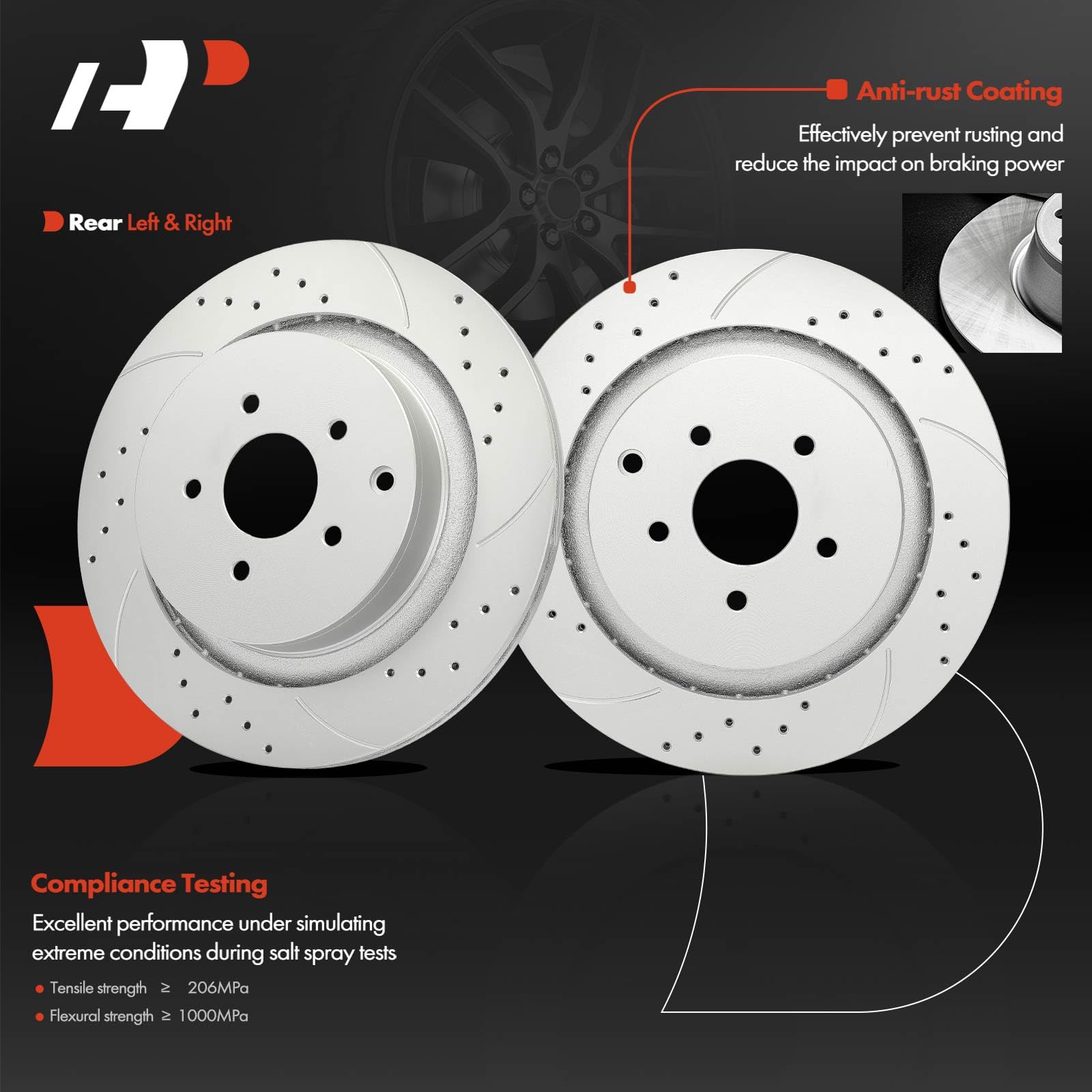 12.13" (308 Mm) Rear Vented Drilled & Slotted Brake Rotors E-Coated & Premium Ceramic Brake Pads Kit – Driver & Passenger Side - Foto 7