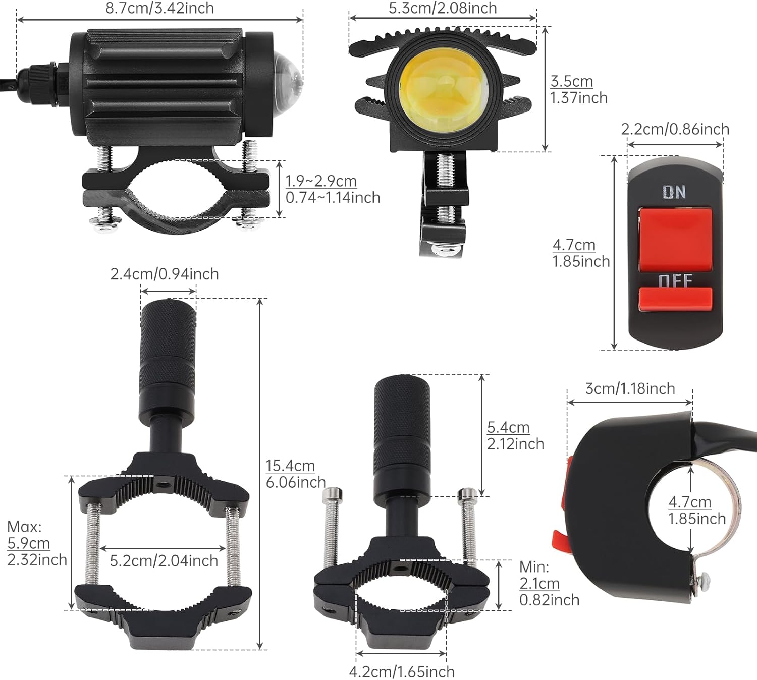 Windance 2PCS Motorcycle LED Headlight,4 Modes Hi/Lo Beam Yellow White 6500K waterproof Aux Spotlight for Tractor Truck/ATV UTV SUV/Boat 9V-85V (Black2pcs+Bracket)