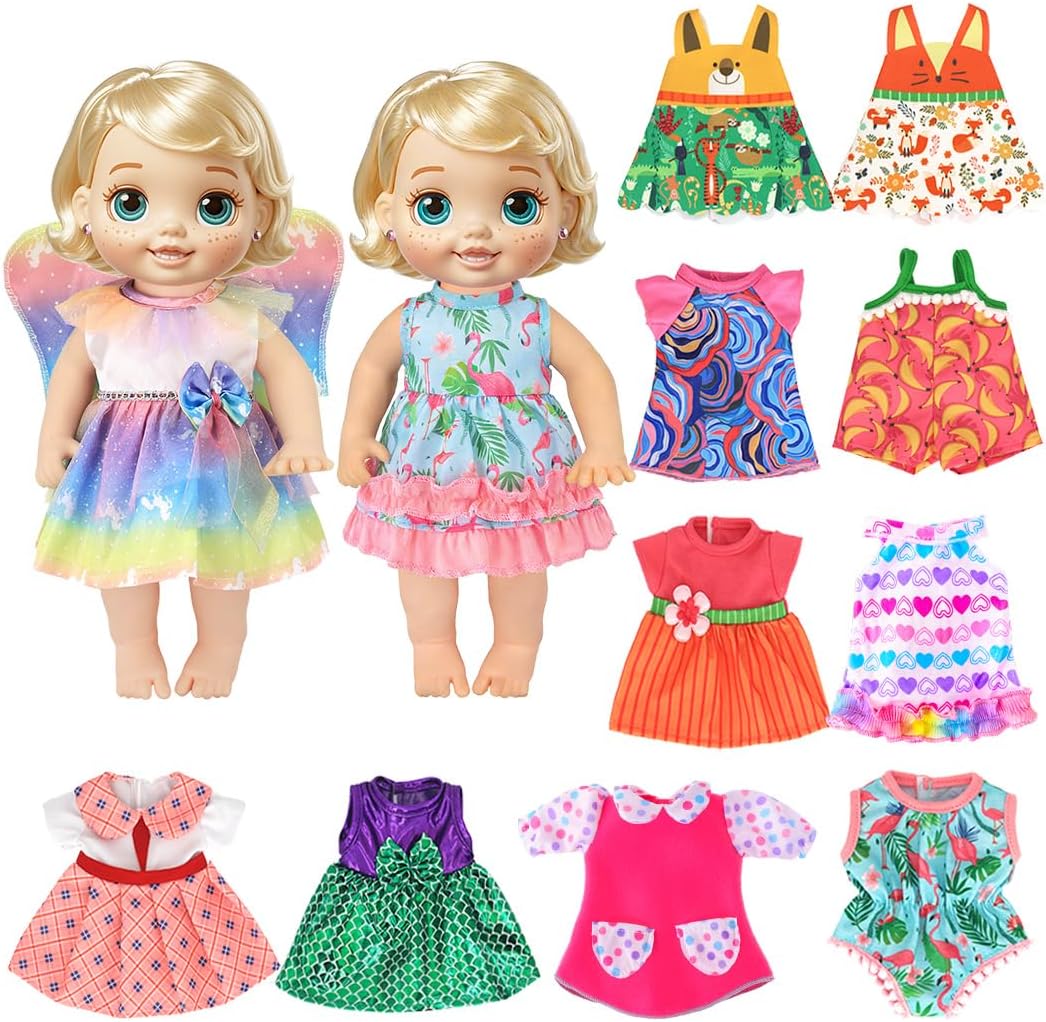 12 Set Alive Baby Doll Clothes and Accessories for 10-12 Inch Girl Dolls Outfits Include Cute Jumpsuit Dress, Gift for Kids 3+ Up