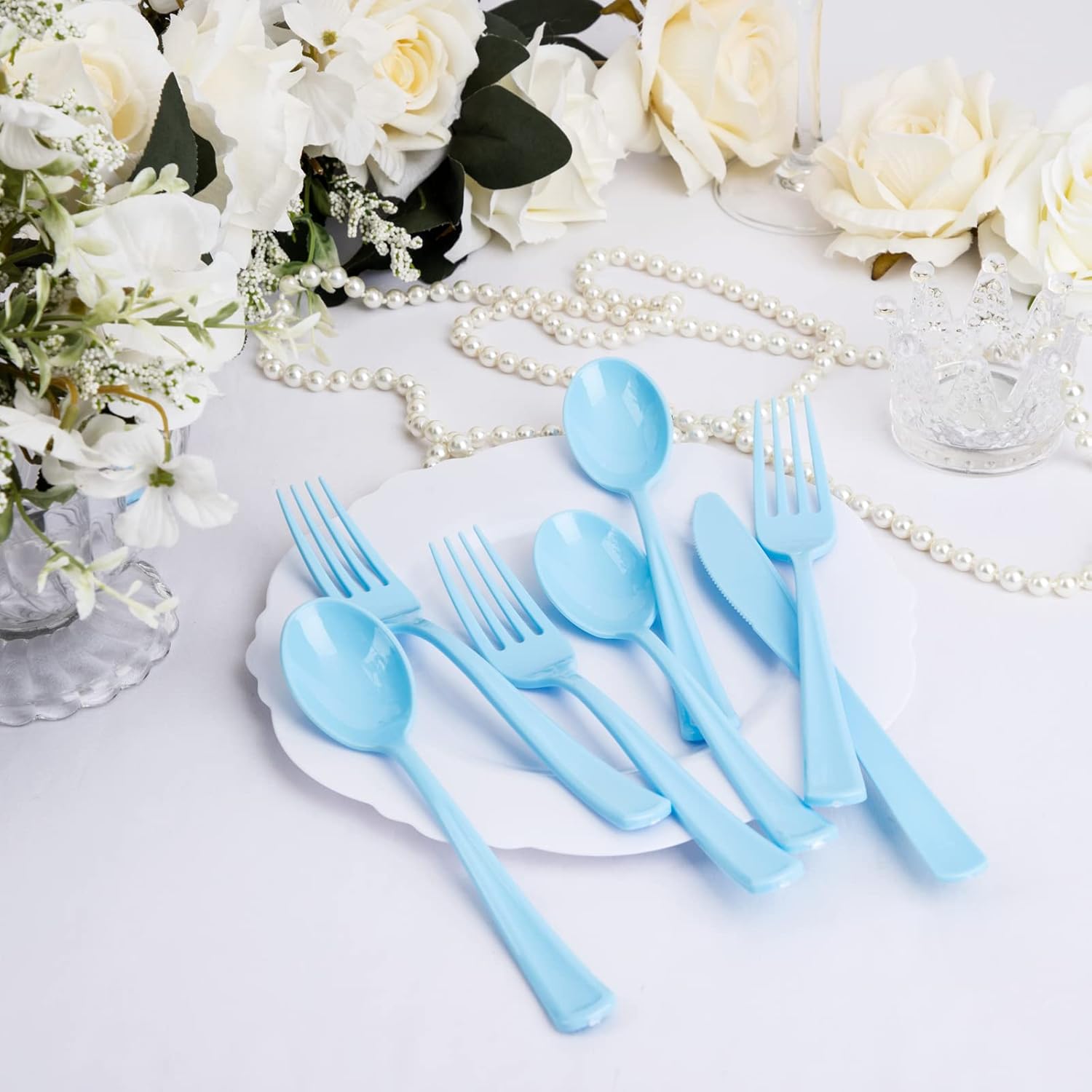 WDF 160 Piece Blue Plastic Silverware - Heavy Duty Blue Silverware Includes 80 Forks, 40 Spoons, 40 Knives, Disposable Plastic Utensils Perfect for Wedding/Birthday/Party
