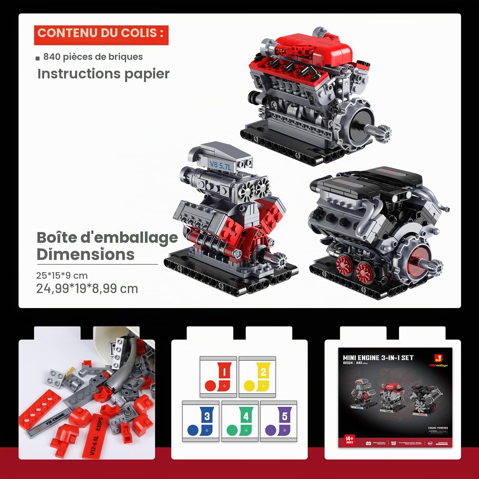 JMBricklayer Kit de Maquette de Moteur 3-en-1 qui Fonctionne, Kits Moteur V8 V12 W16 pour Adultes Adolescents, Jouet STEM Cadeau de Collection pour Passionnés d'Auto