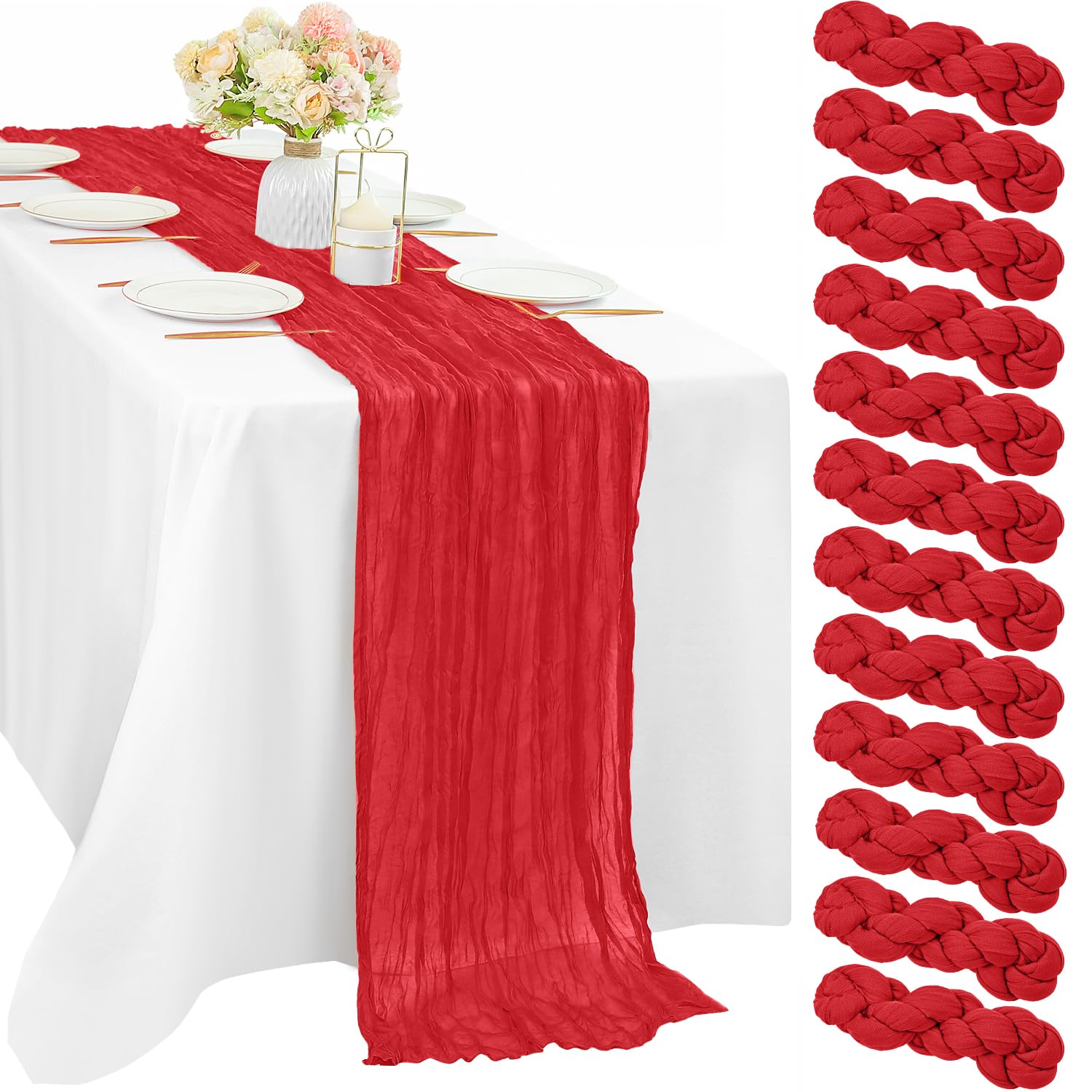 Red 12 Pieces 35 x 120 Inches Long Cheesecloth Table Runner Gauze Fabric 10Ft Boho Table Runner Rustic Sheer Runner for Wedding Baby Bridal Shower